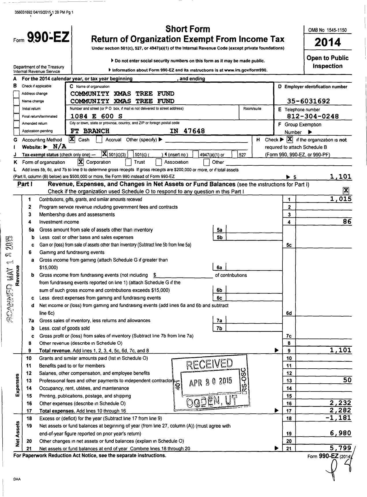 Image of first page of 2014 Form 990EZ for Community Xmas Tree Fund