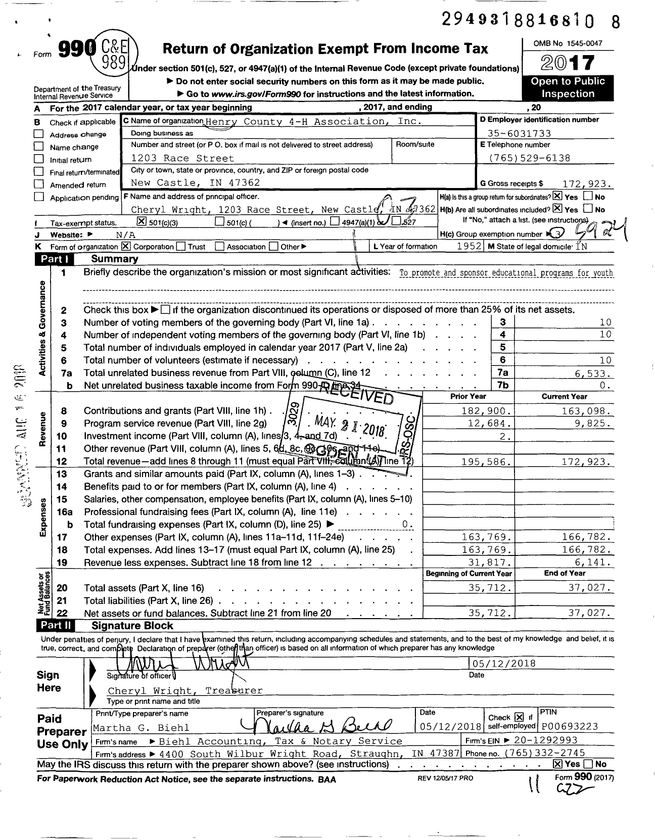 Image of first page of 2017 Form 990 for Henry County 4-H Association