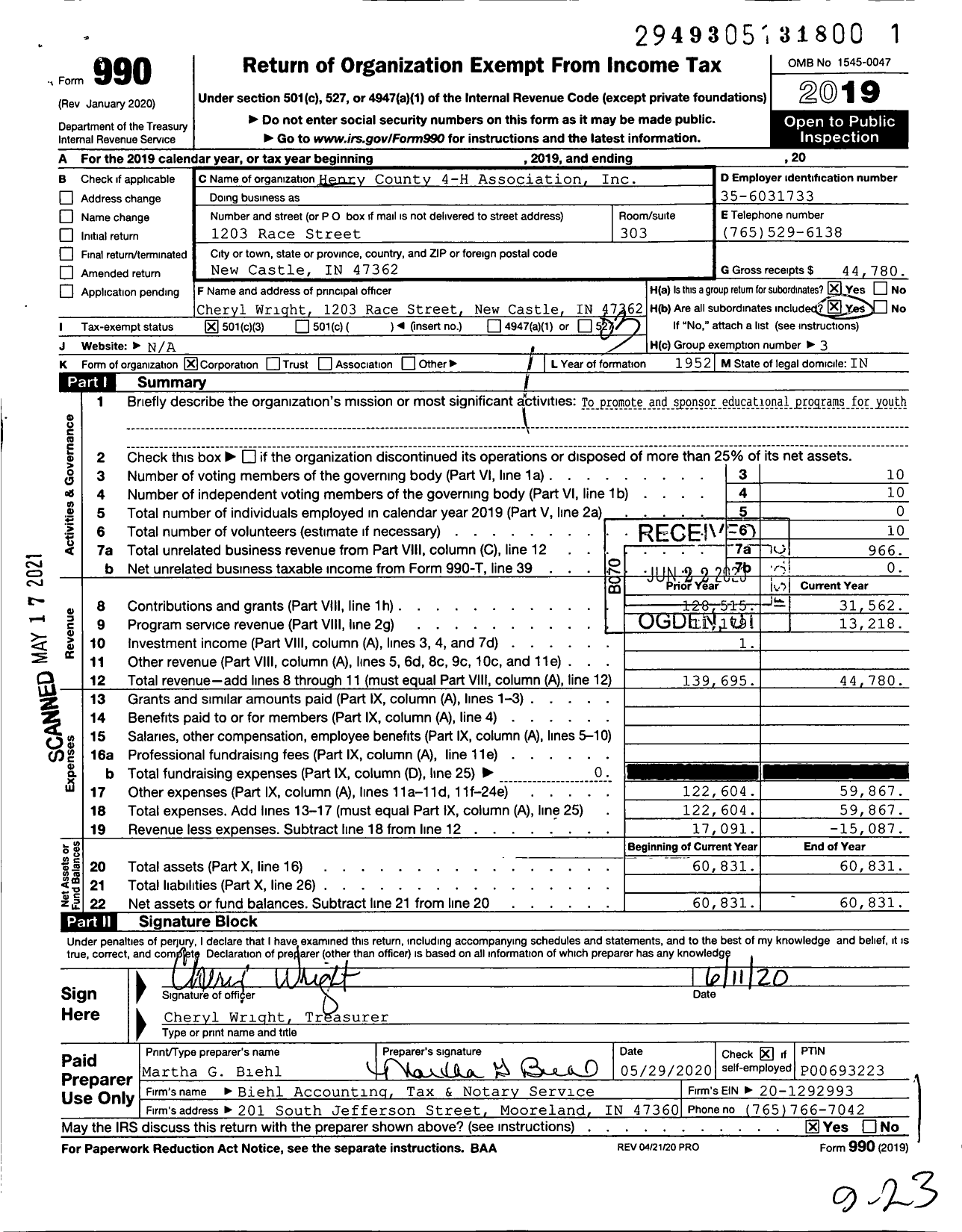 Image of first page of 2019 Form 990 for Henry County 4-H Association