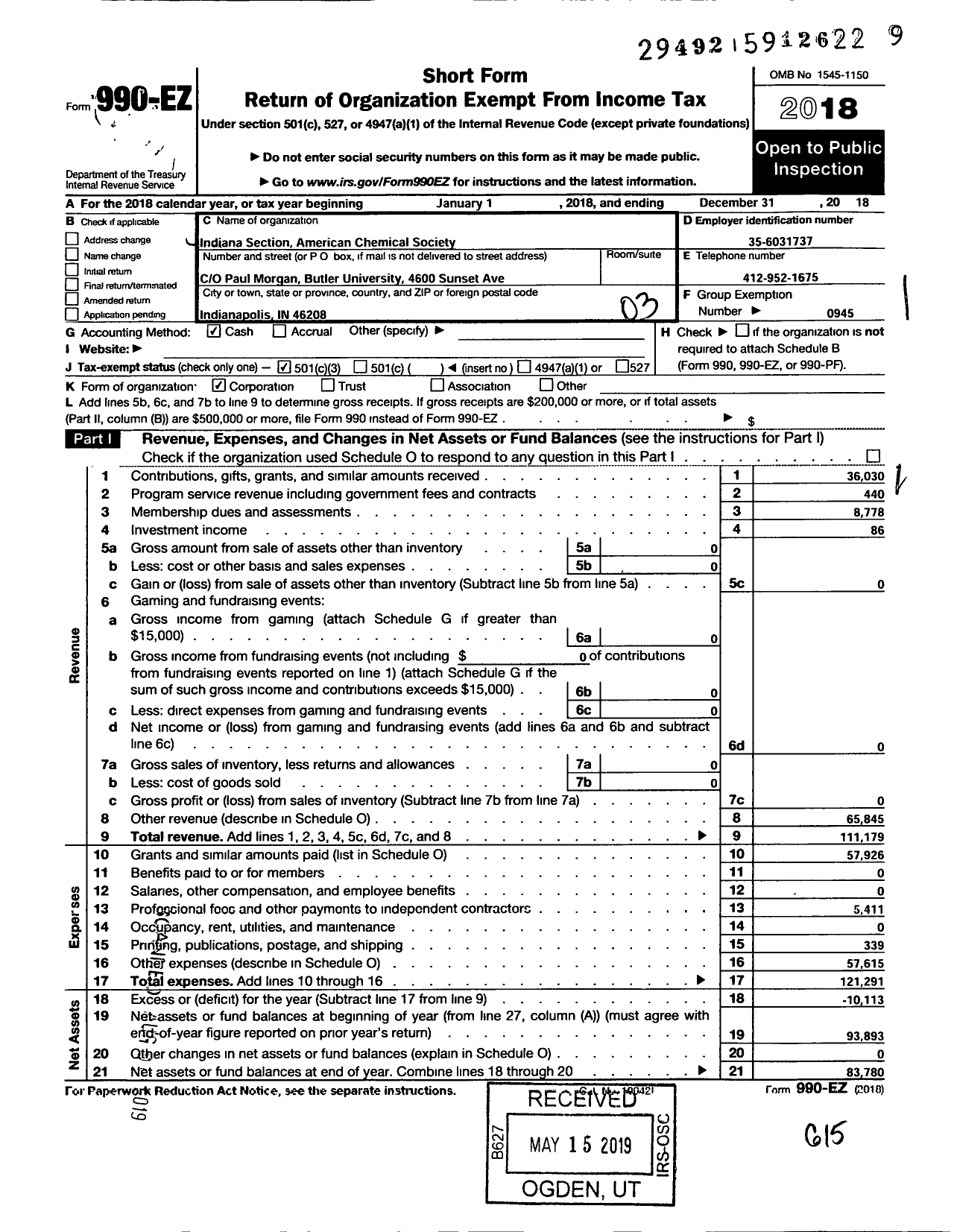 Image of first page of 2018 Form 990EZ for Indiana Section American Chemical Society