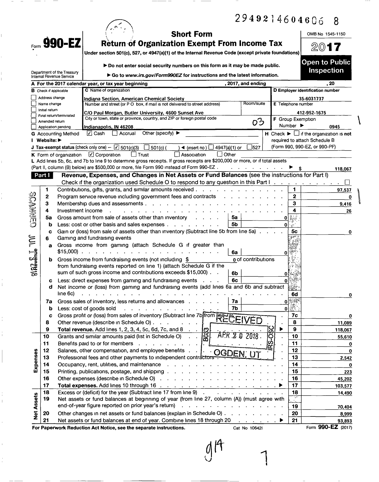 Image of first page of 2017 Form 990EZ for Indiana Section American Chemical Society