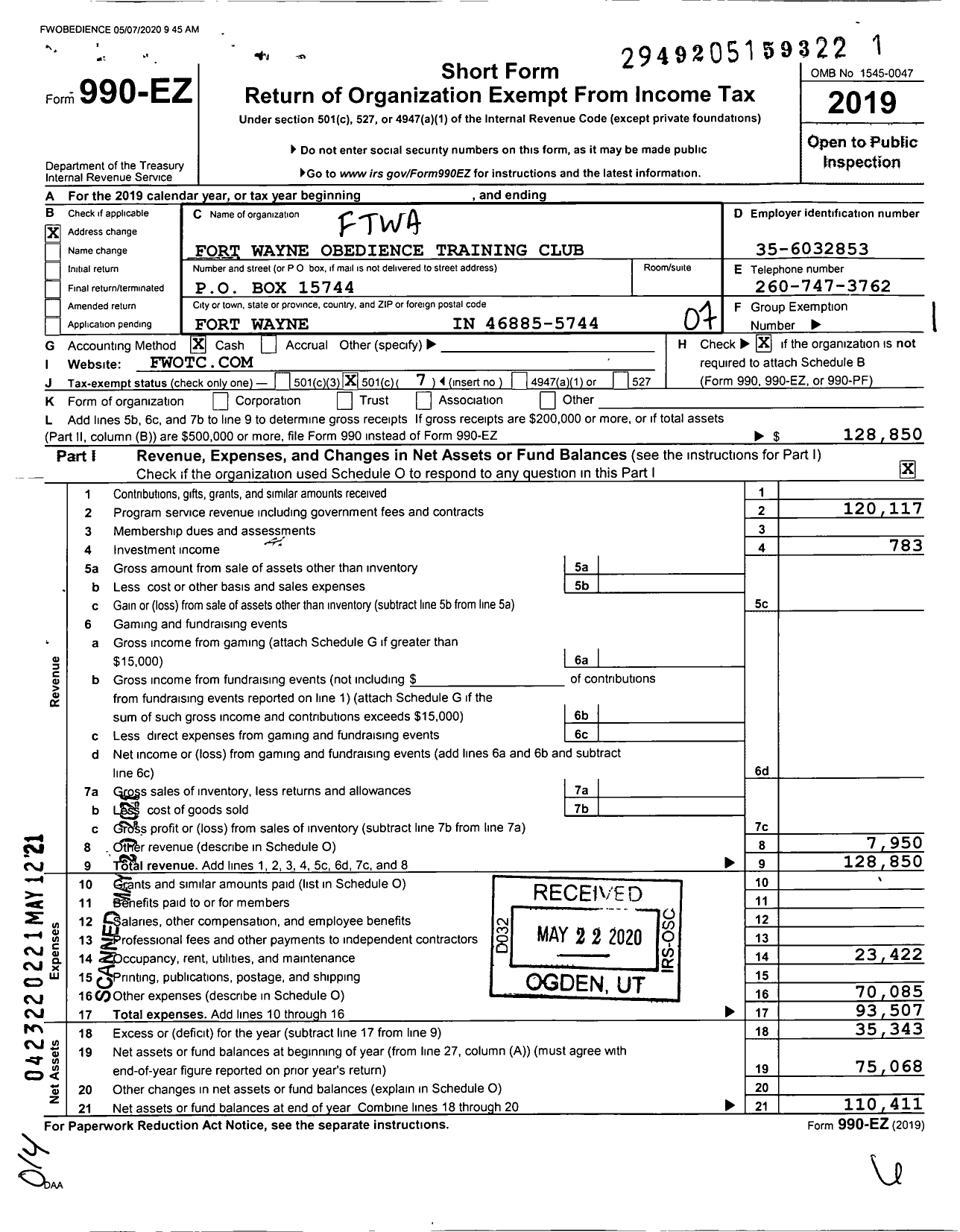 Image of first page of 2019 Form 990EO for FT Wayne Obedience Training Club