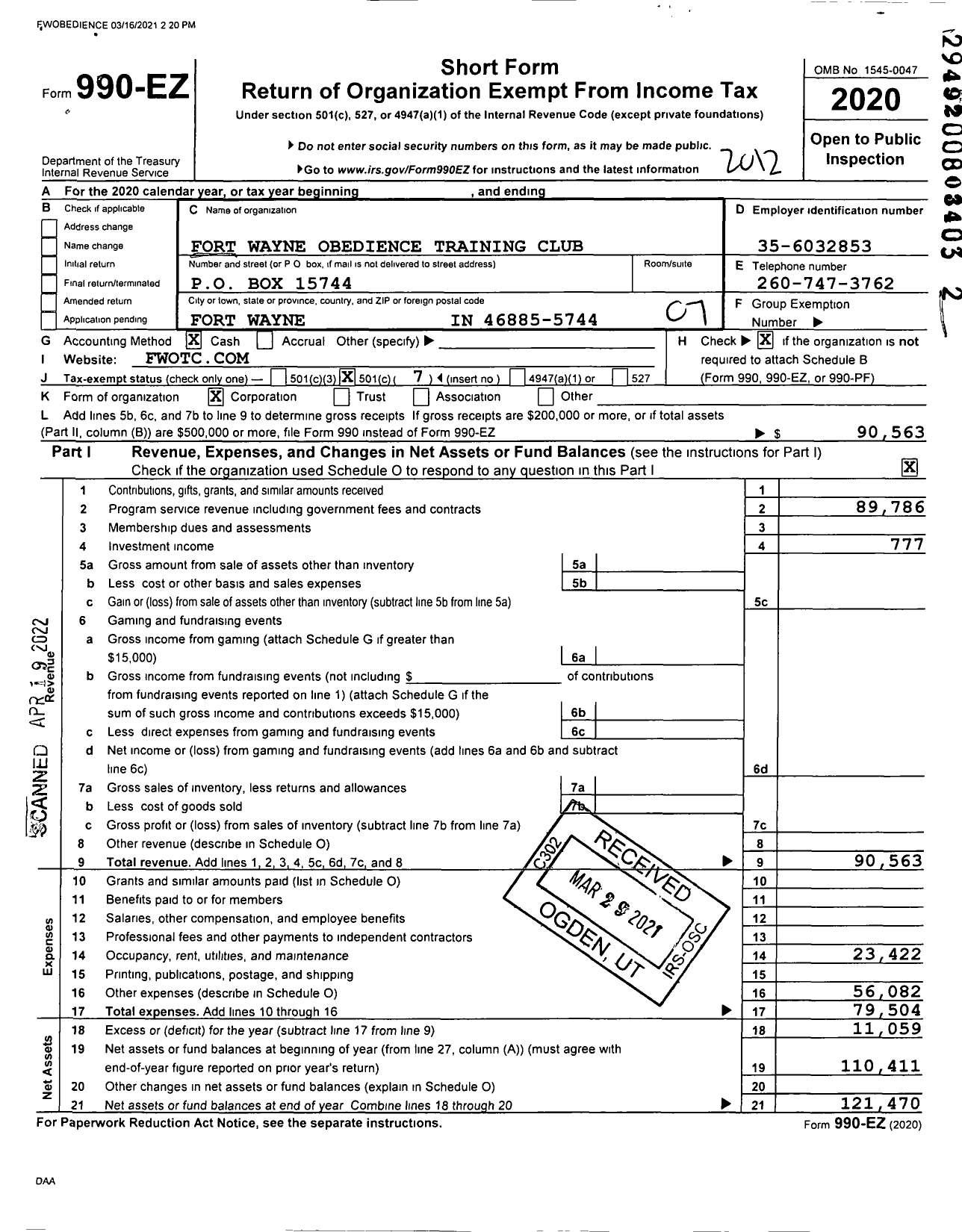 Image of first page of 2020 Form 990EO for FT Wayne Obedience Training Club