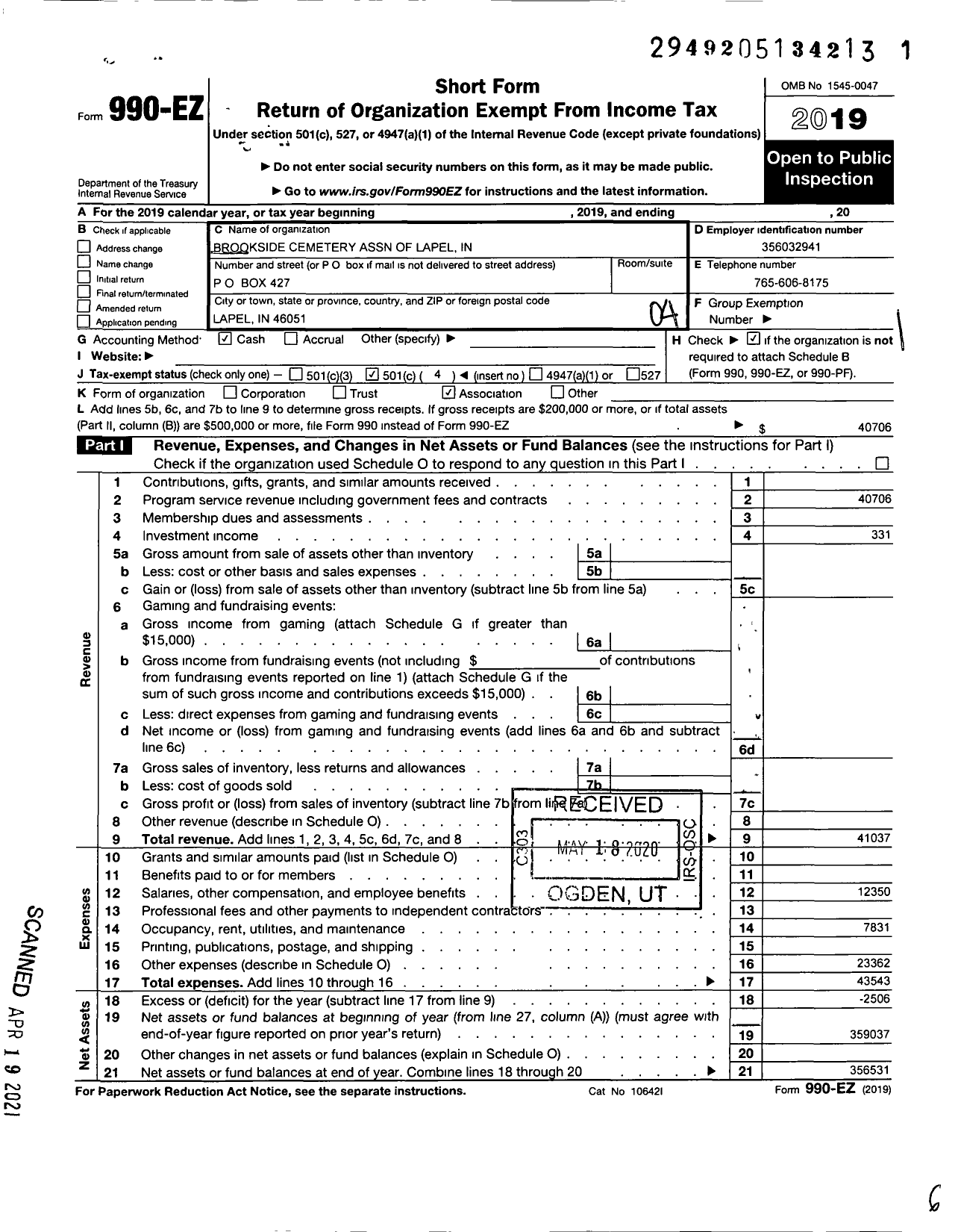 Image of first page of 2019 Form 990EO for Brookside Cemetery Association of Lapel in