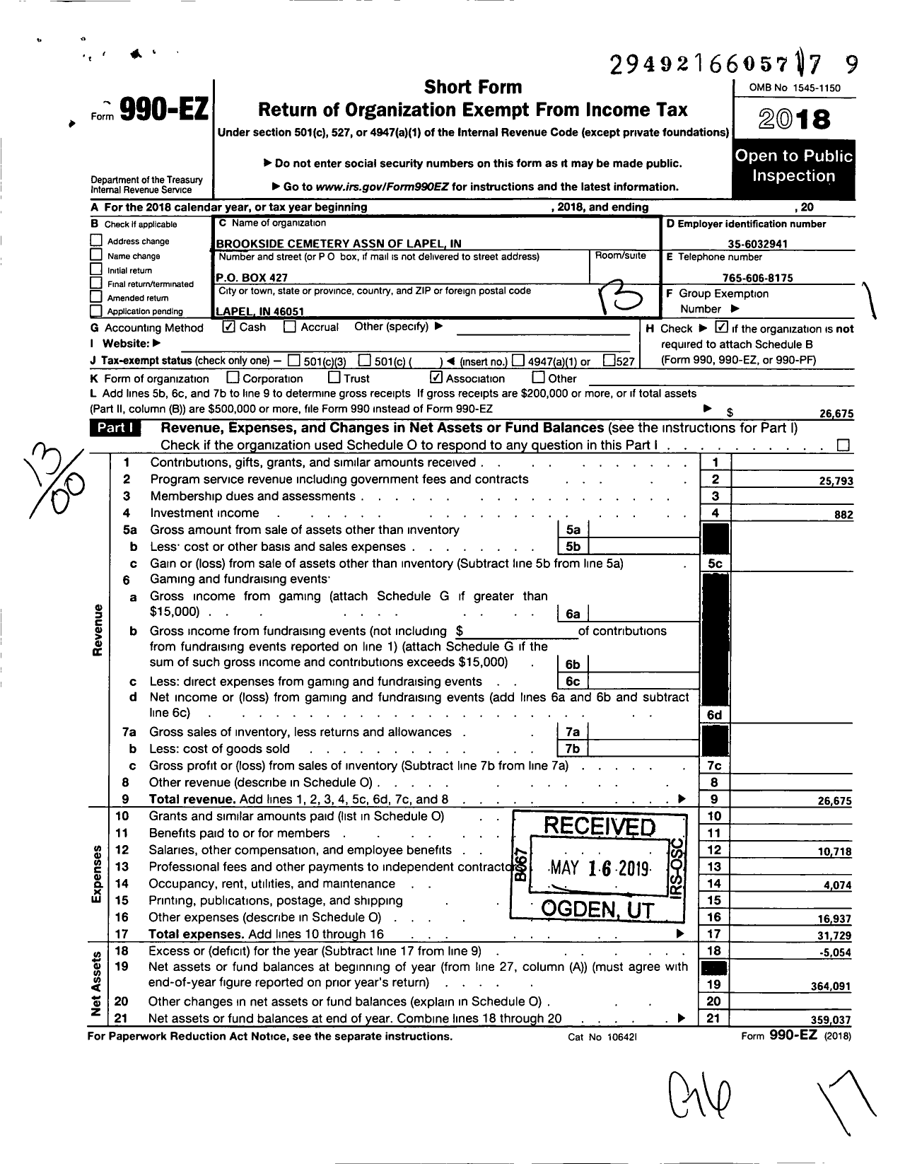 Image of first page of 2018 Form 990EO for Brookside Cemetery Association of Lapel in