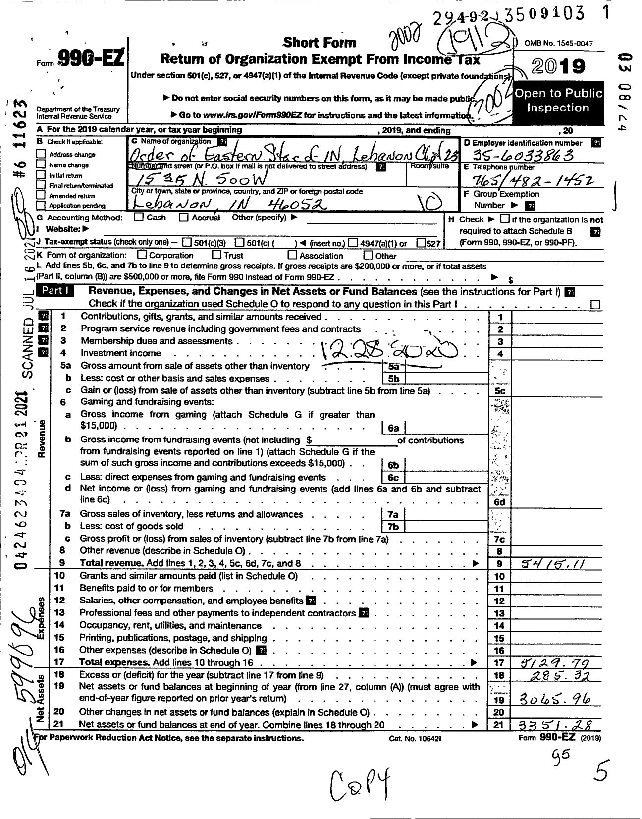 Image of first page of 2019 Form 990EO for Order of Eastern Star of Indiana - 23 Lebanon Chapter