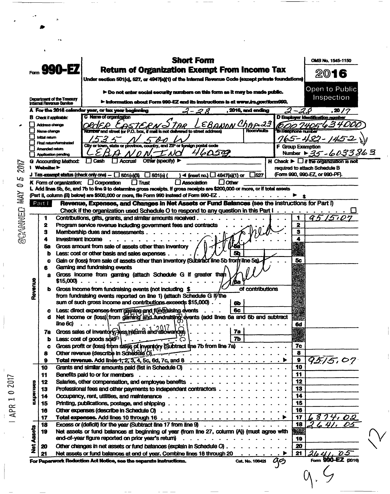 Image of first page of 2016 Form 990EO for Order of Eastern Star of Indiana - 23 Lebanon Chapter