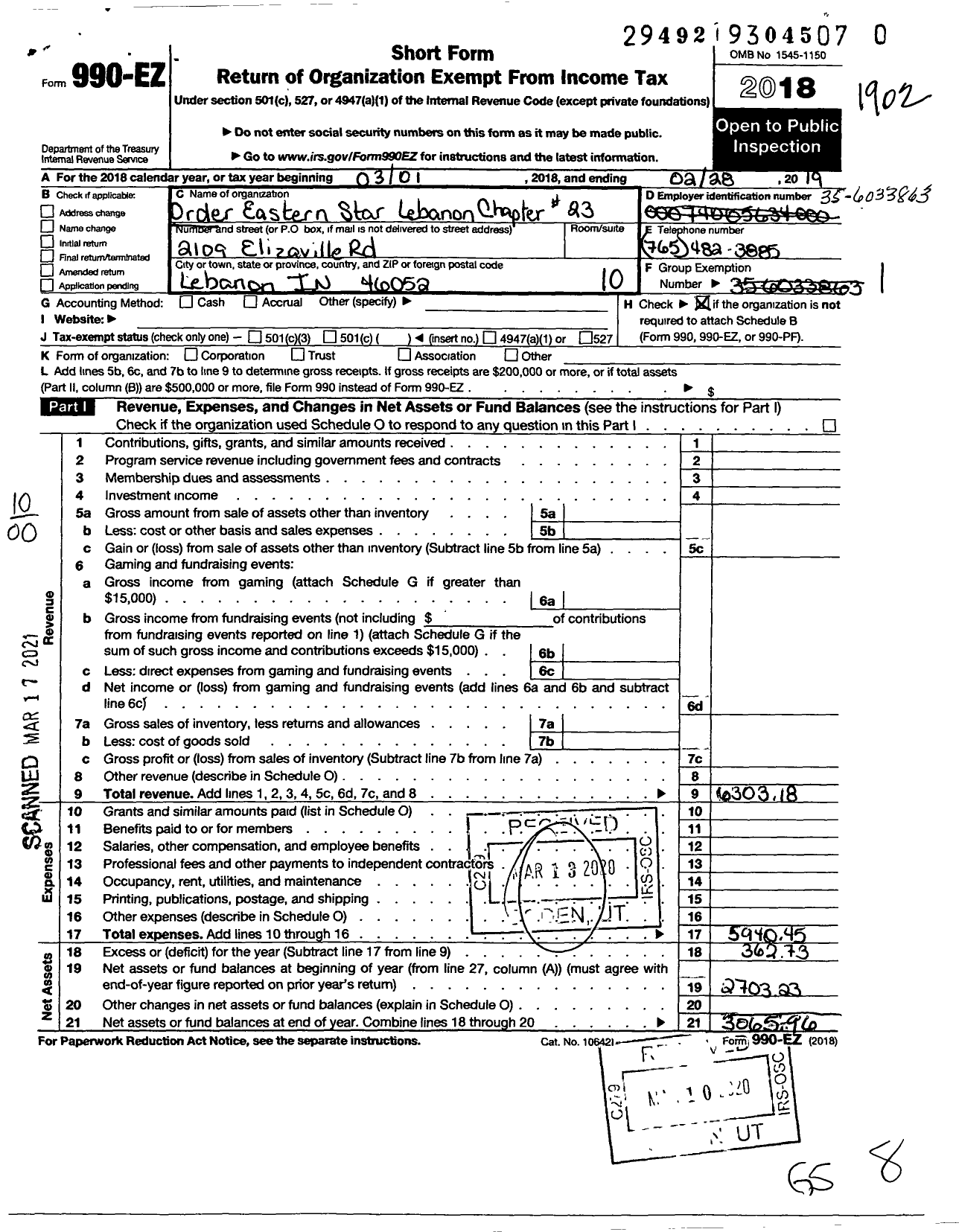 Image of first page of 2018 Form 990EO for Order of Eastern Star of Indiana - 23 Lebanon Chapter