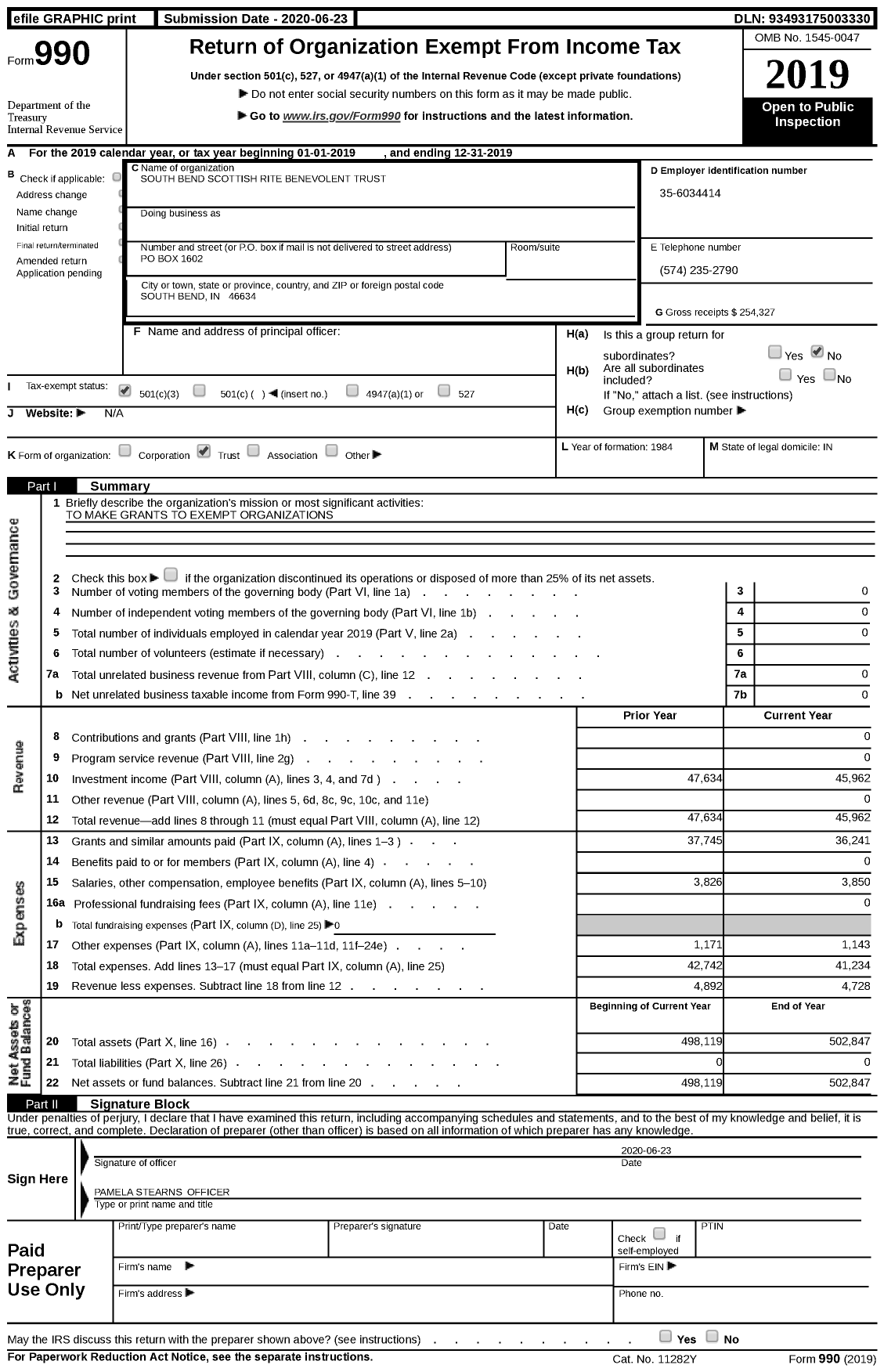 Image of first page of 2019 Form 990 for South Bend Scottish Rite Benevolent Trust