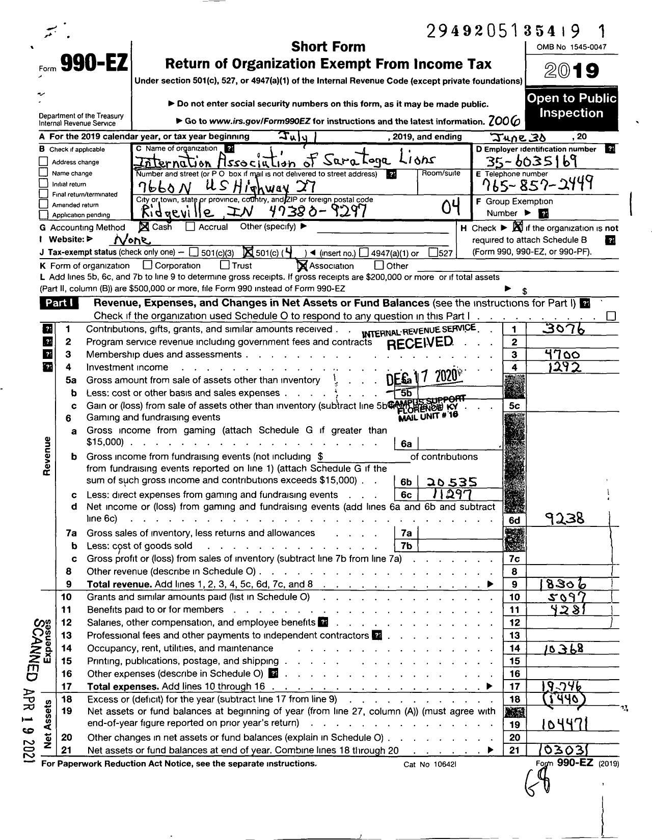 Image of first page of 2019 Form 990EO for Lions Clubs - 9628 Saratoga