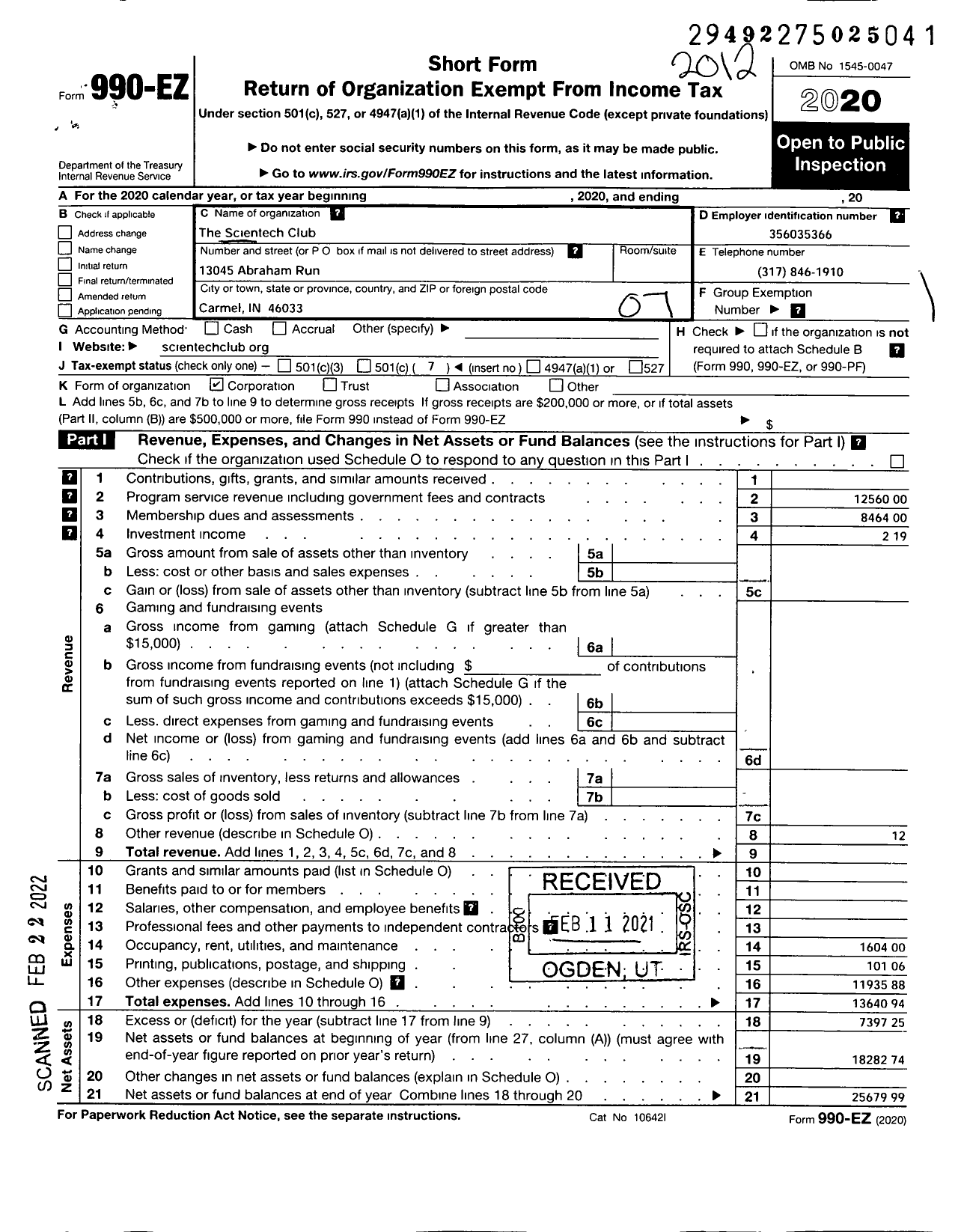 Image of first page of 2020 Form 990EO for Scientech Club