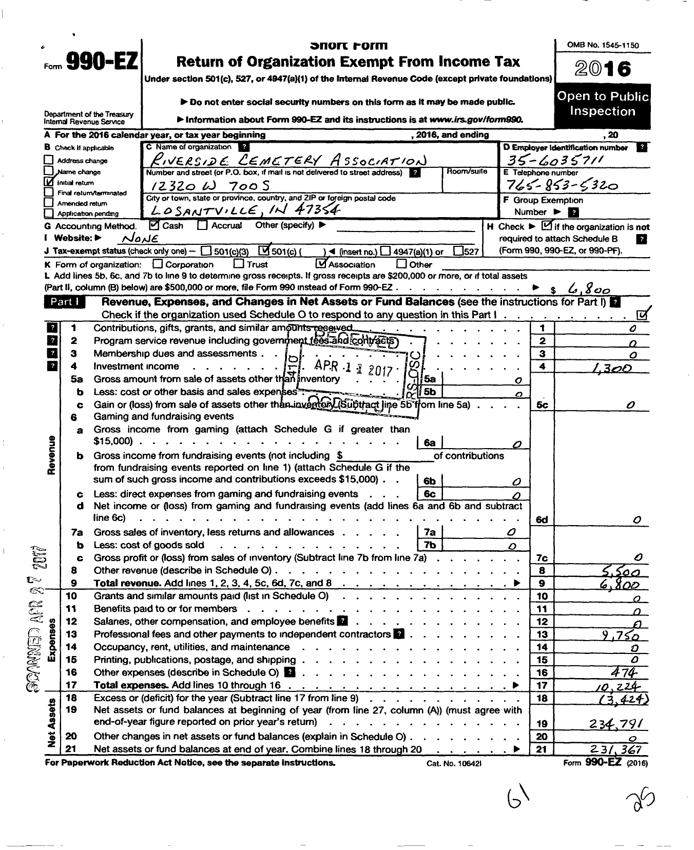 Image of first page of 2016 Form 990EO for Riverside Cemetery Association