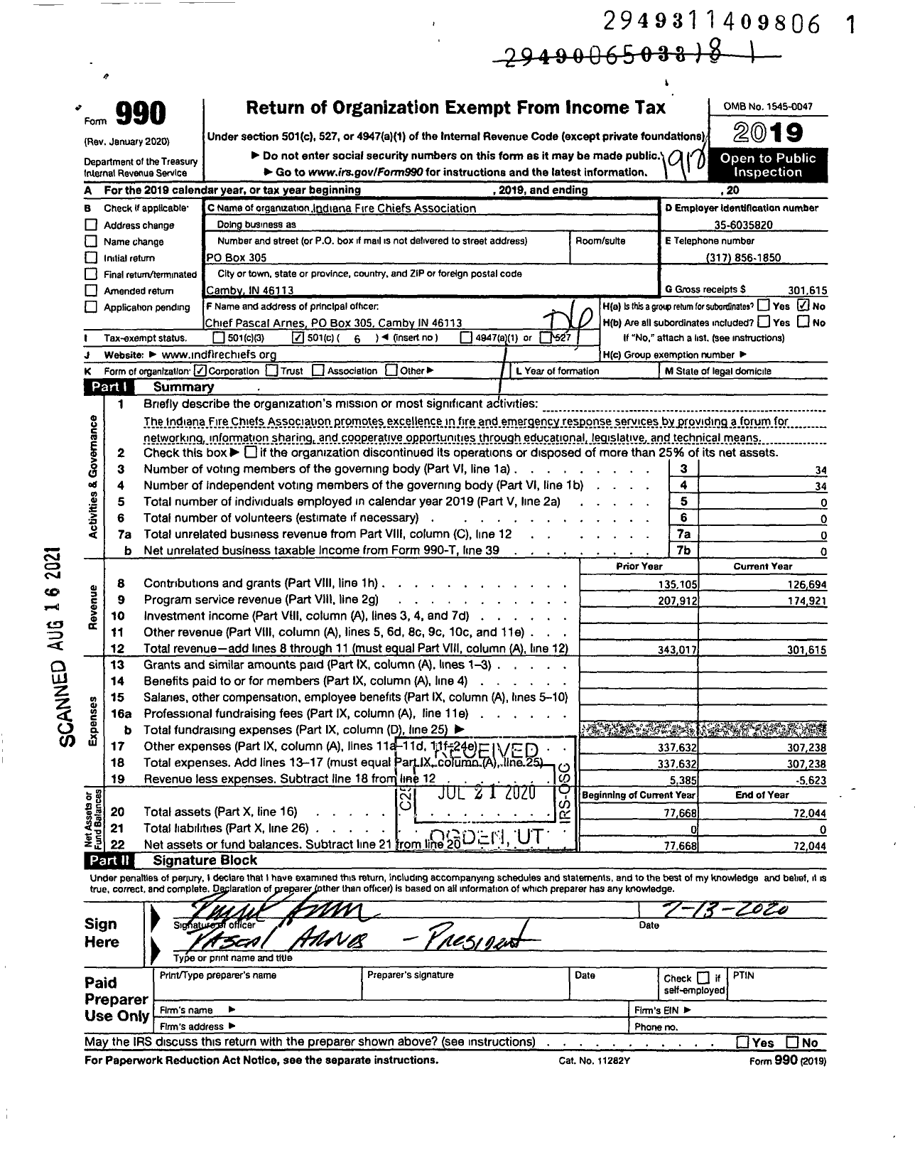 Image of first page of 2019 Form 990O for Indiana Fire Chiefs Association