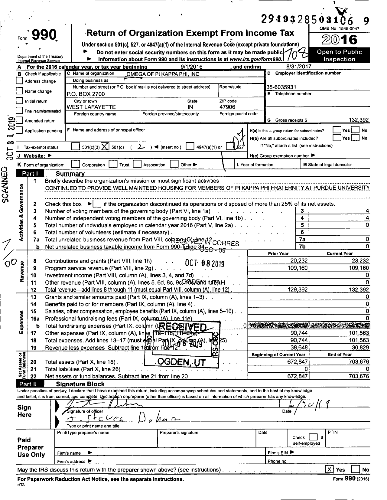 Image of first page of 2016 Form 990O for Omega of Pi Kappa Phi