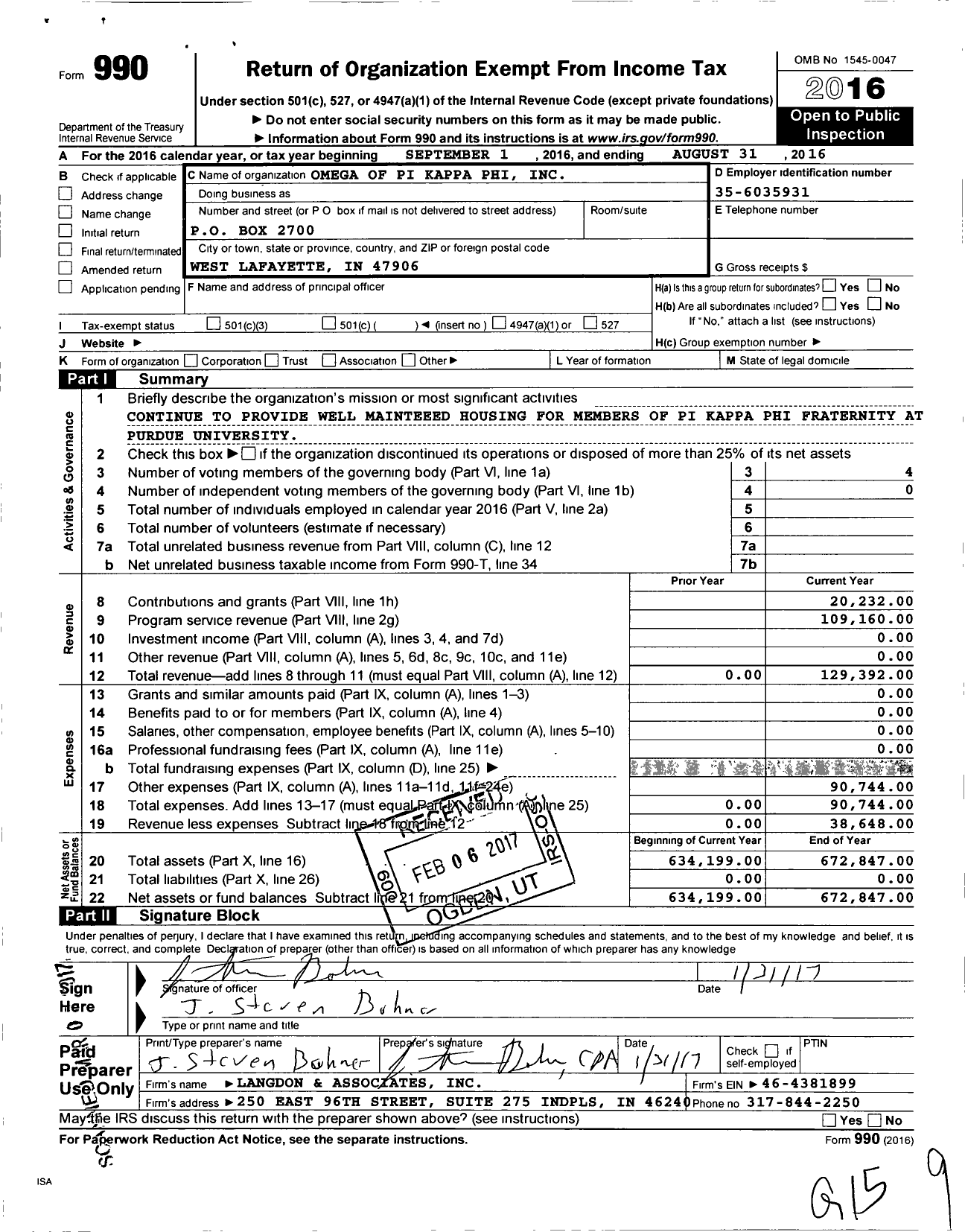 Image of first page of 2015 Form 990O for Omega of Pi Kappa Phi