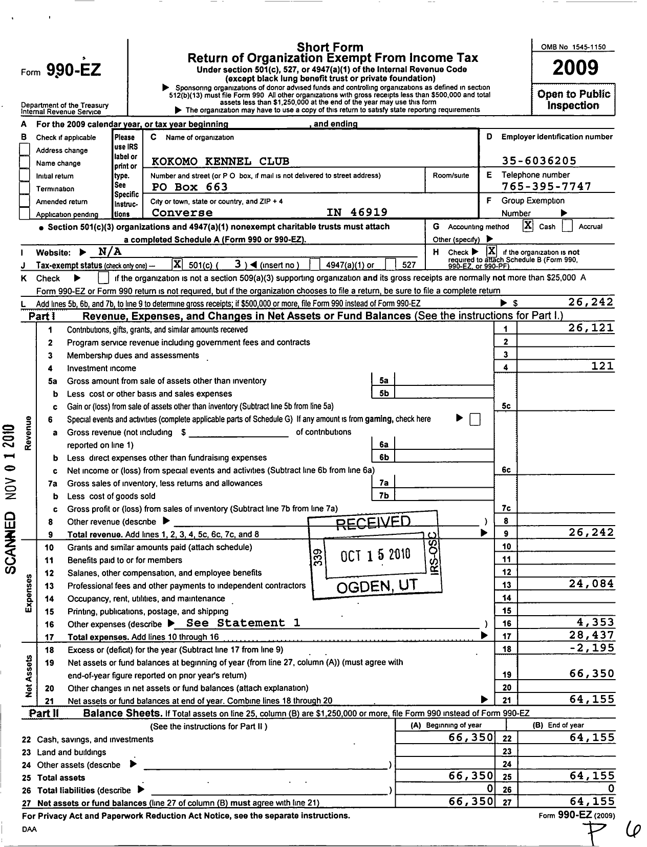 Image of first page of 2009 Form 990EZ for Kokomo Kennel Club