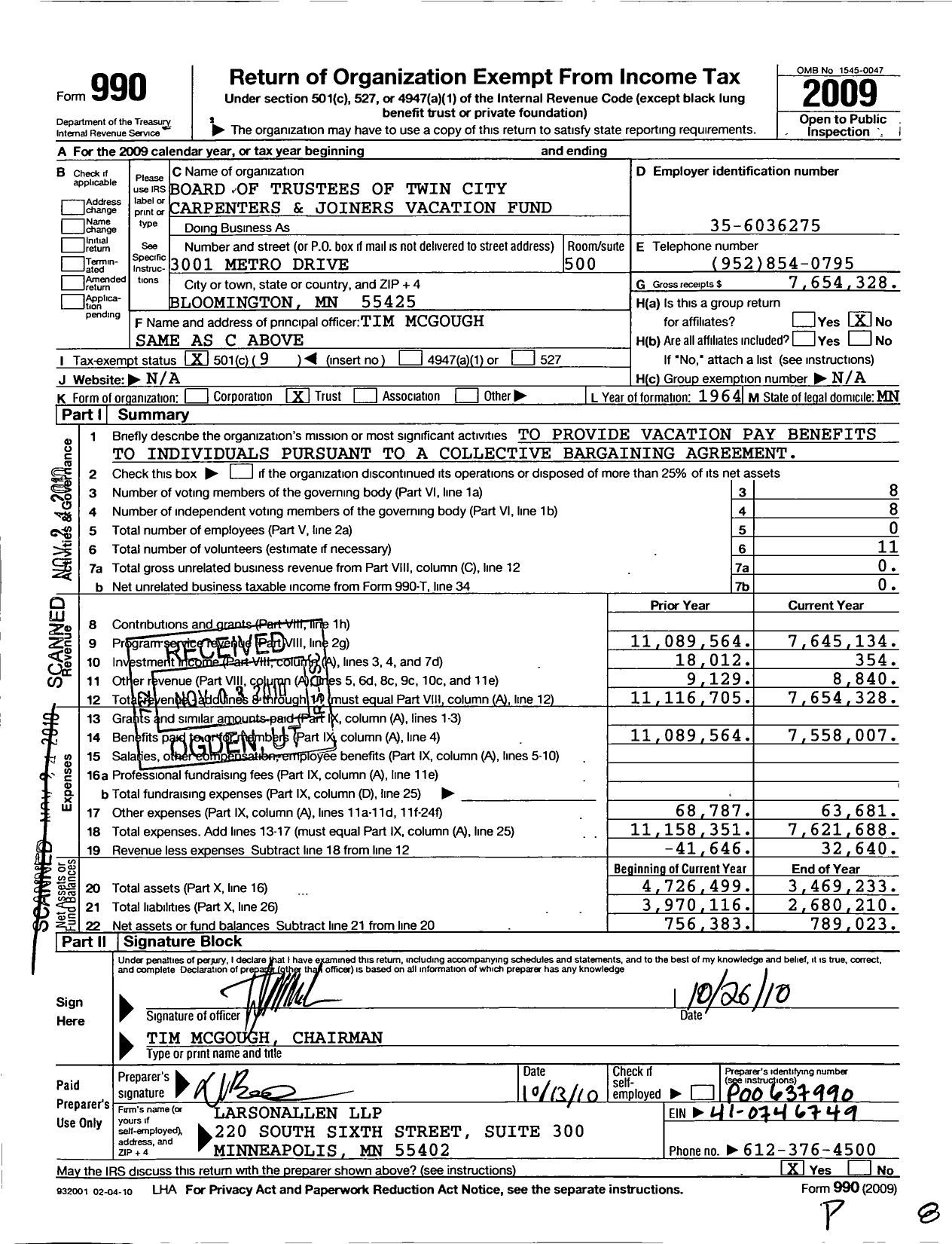 Image of first page of 2009 Form 990O for Twin City Carpenters and Joiners Vacation Fund