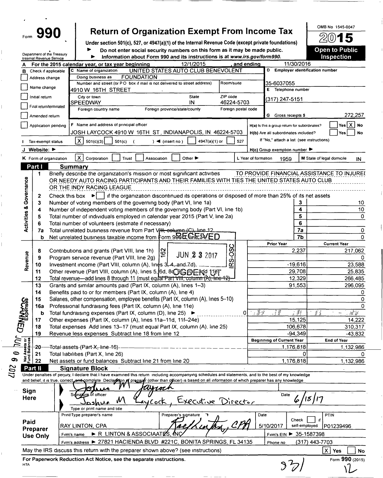 Image of first page of 2015 Form 990 for United States Auto Club Benevolent Association