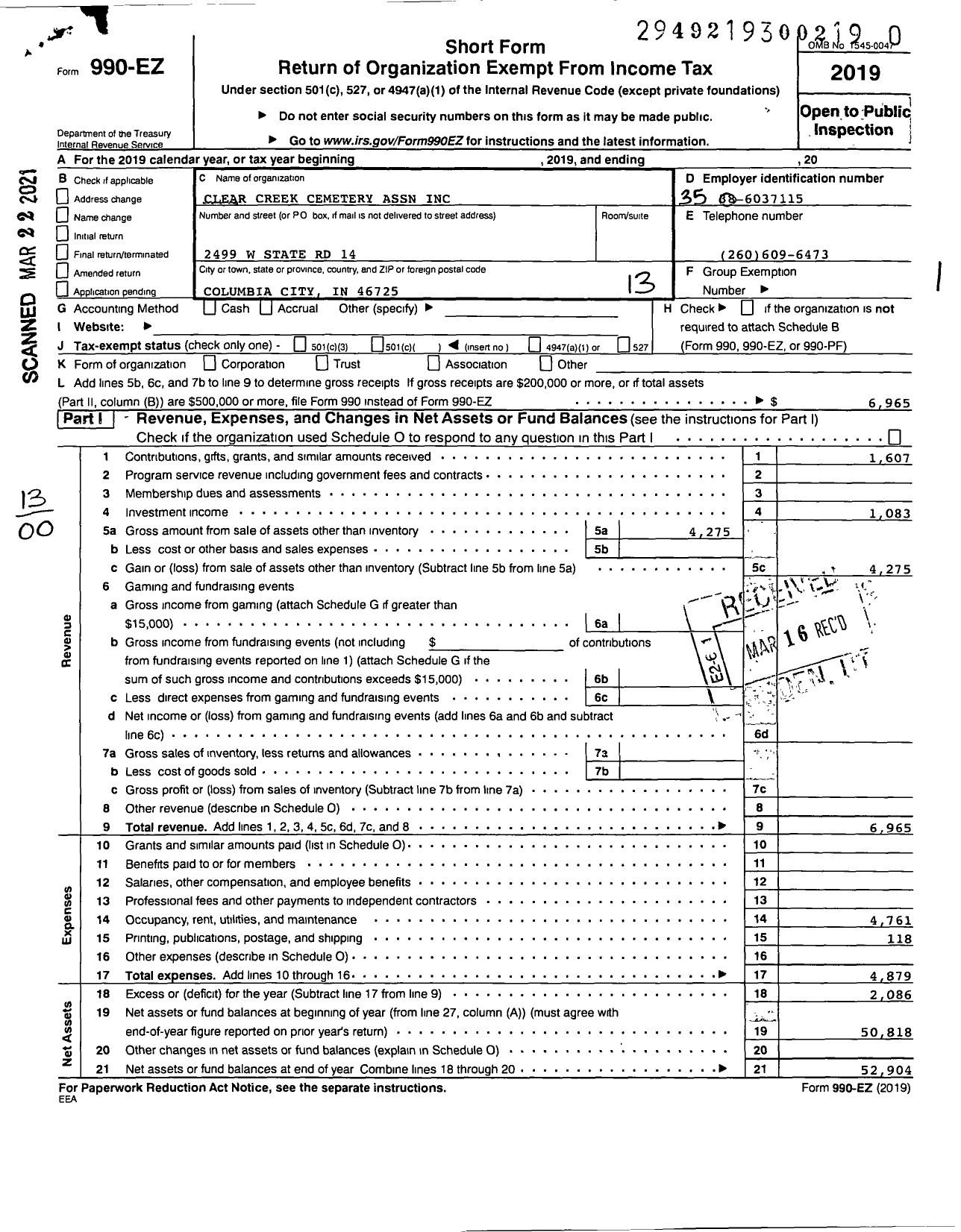 Image of first page of 2019 Form 990EO for Clear Creek Cemetery Association