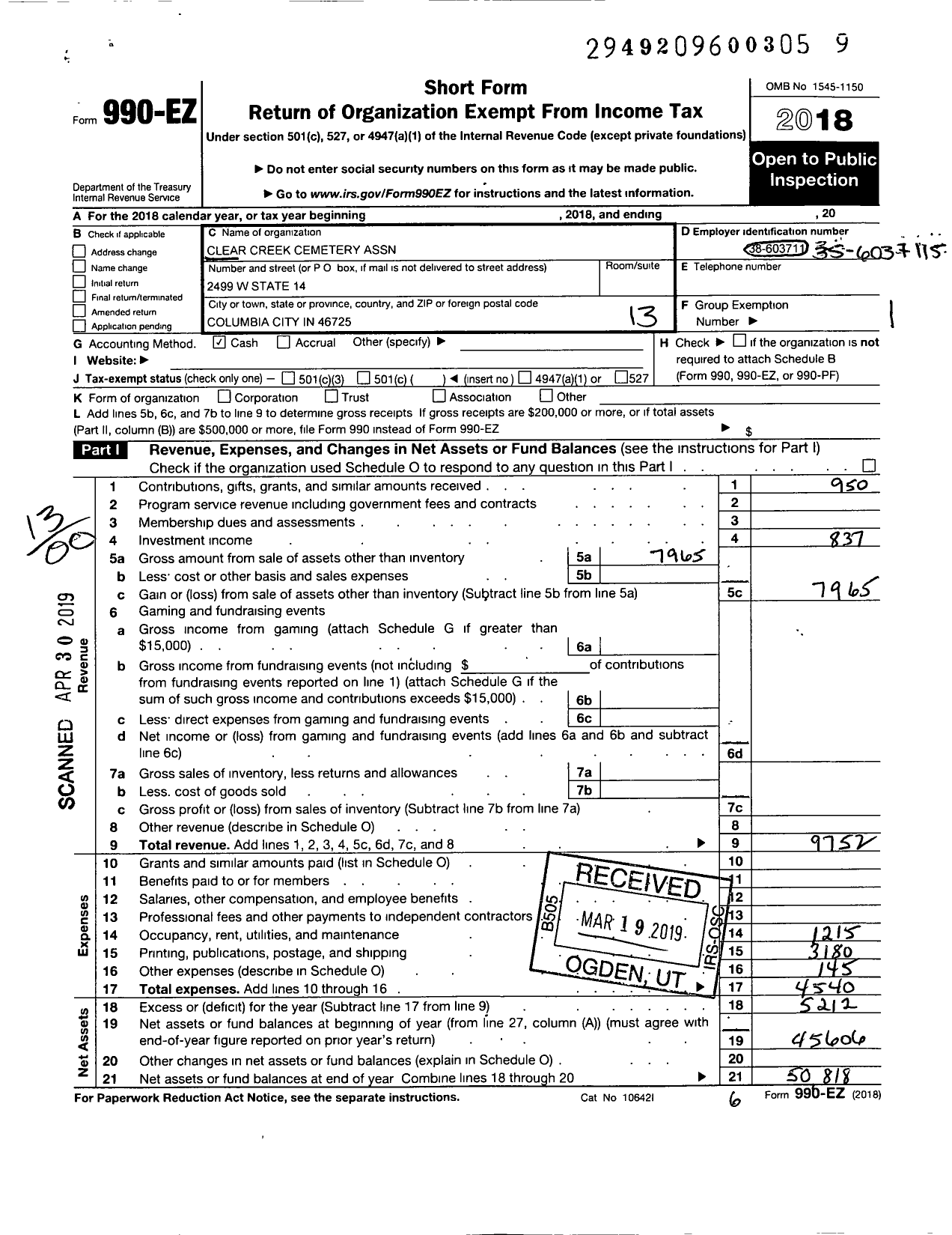 Image of first page of 2018 Form 990EO for Clear Creek Cemetery Association