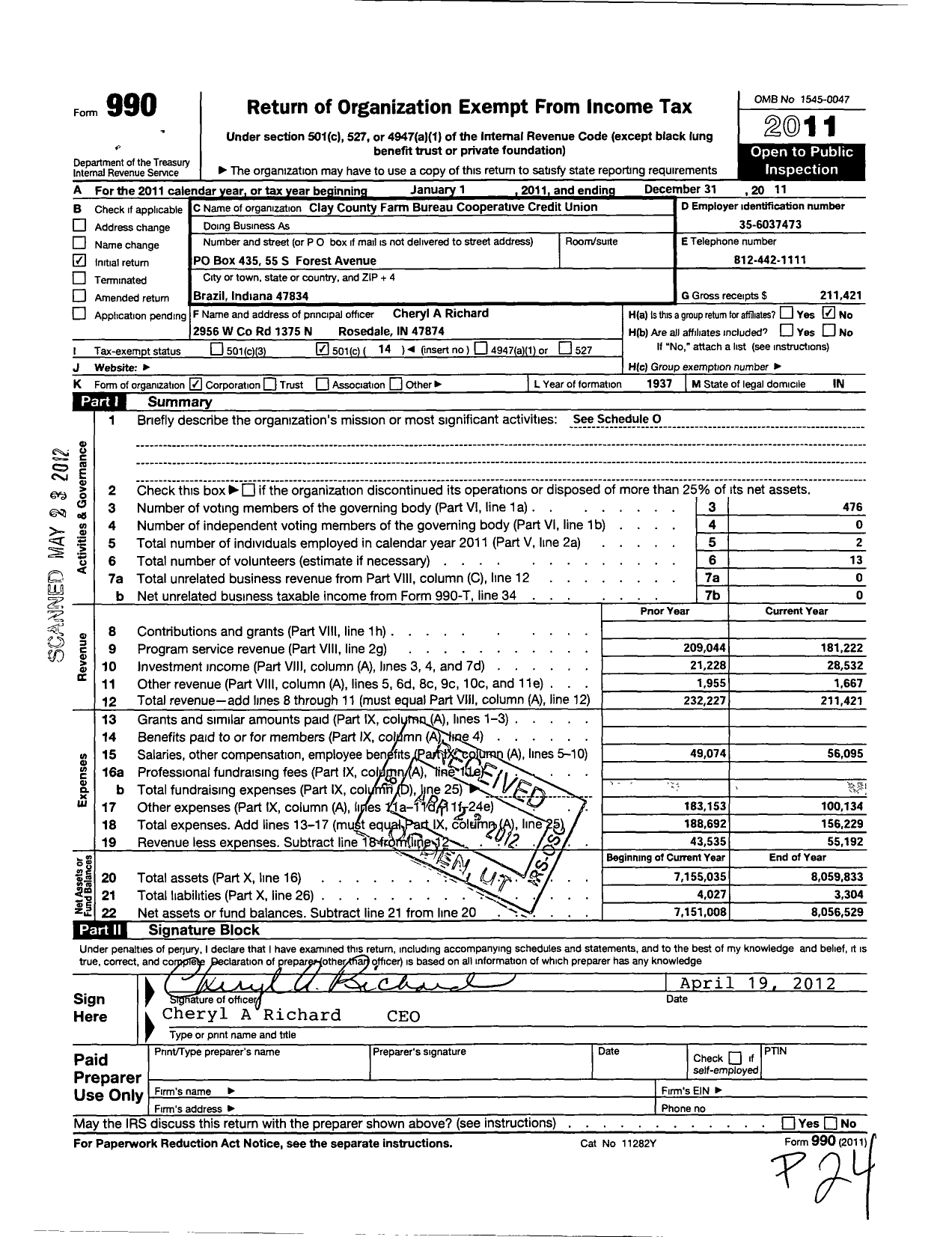 Image of first page of 2011 Form 990O for Clay County Farm Bureau Cooperative Credit Union