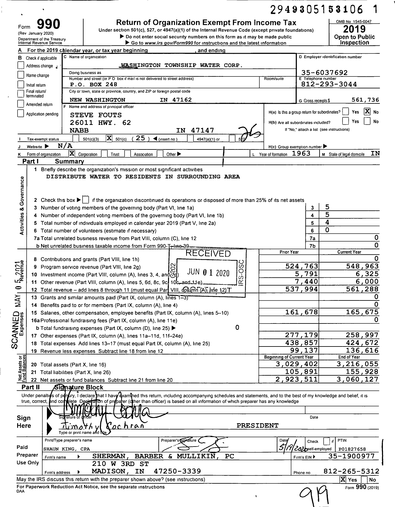 Image of first page of 2019 Form 990O for Washington Township Water Corporation