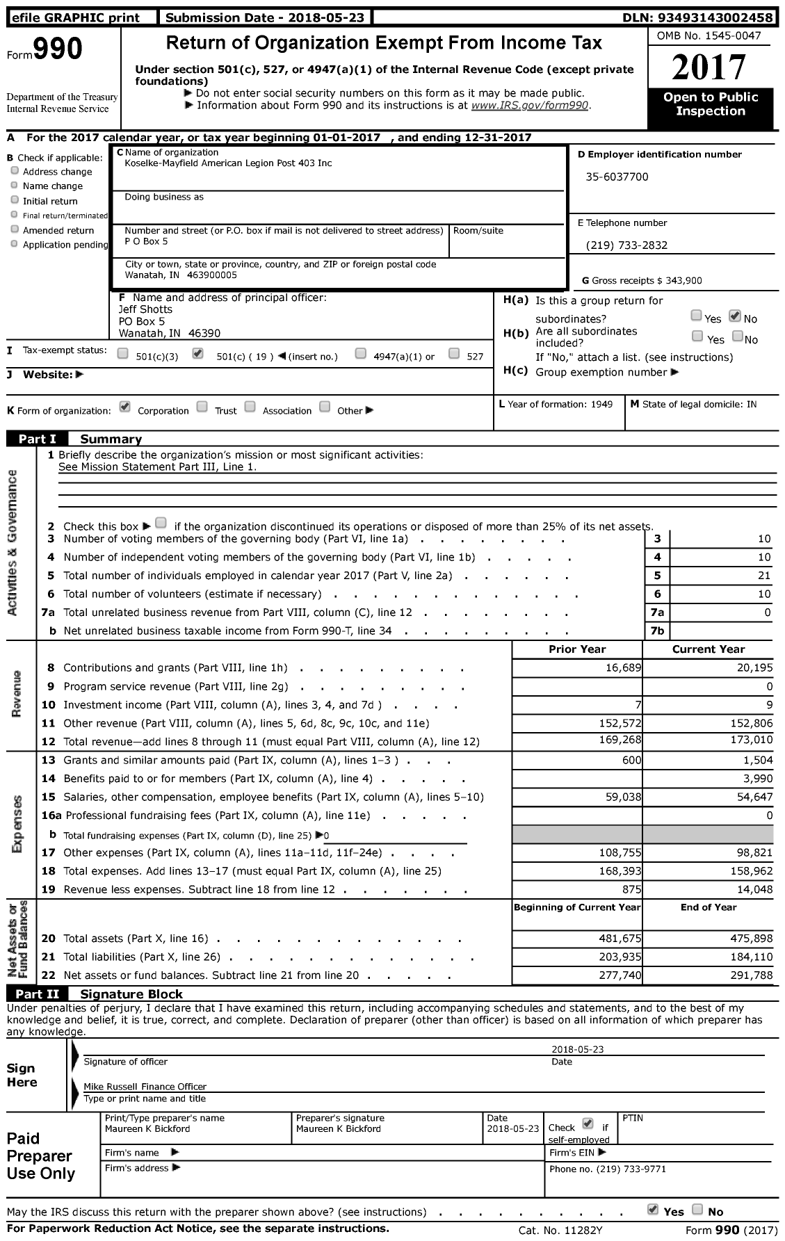 Image of first page of 2017 Form 990 for Koselke-Mayfield American Legion Post 403