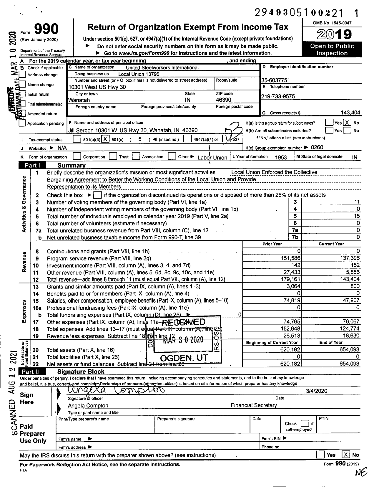 Image of first page of 2019 Form 990 for United Steelworkers - Local Union 13796