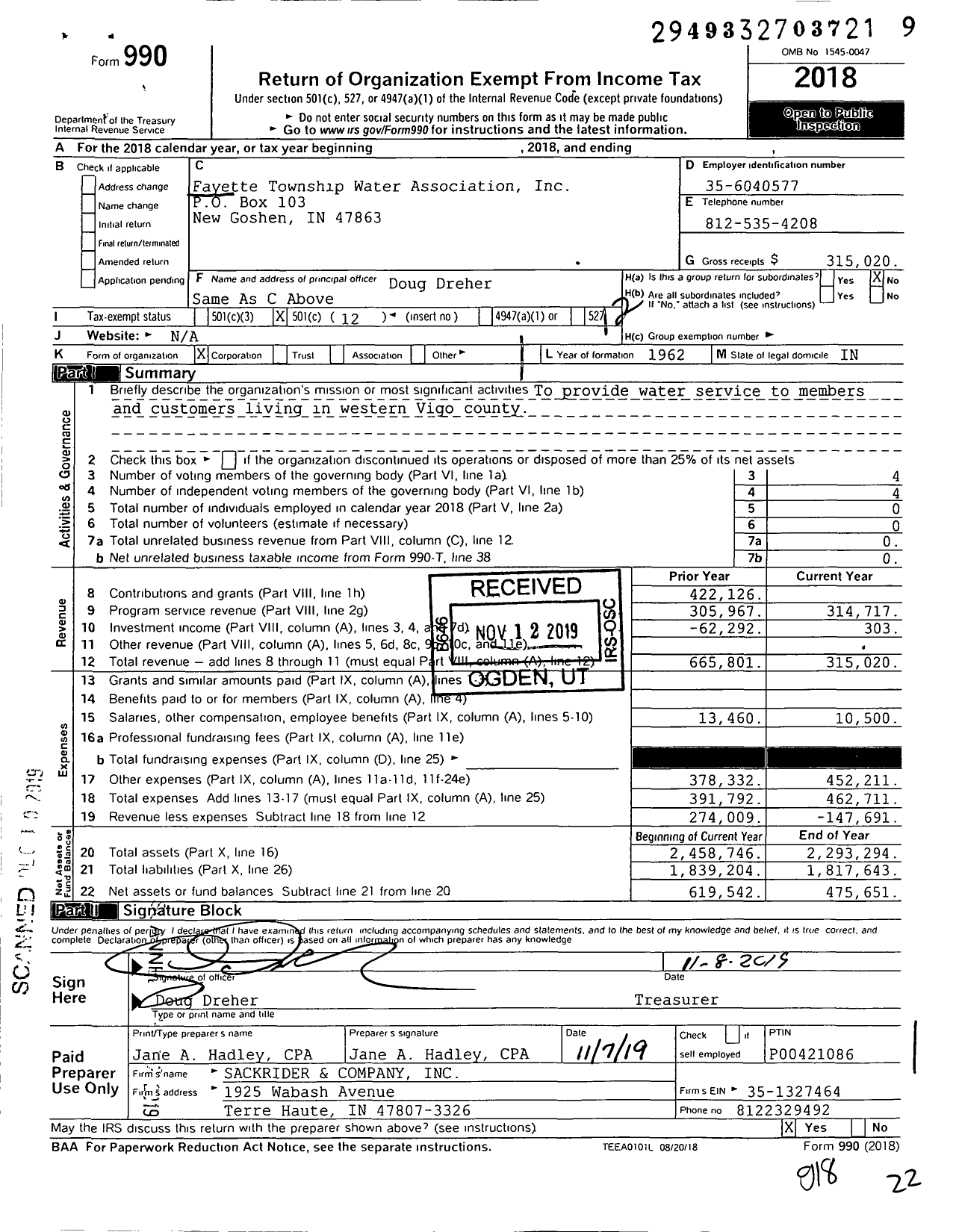 Image of first page of 2018 Form 990O for Fayette Township Water Association