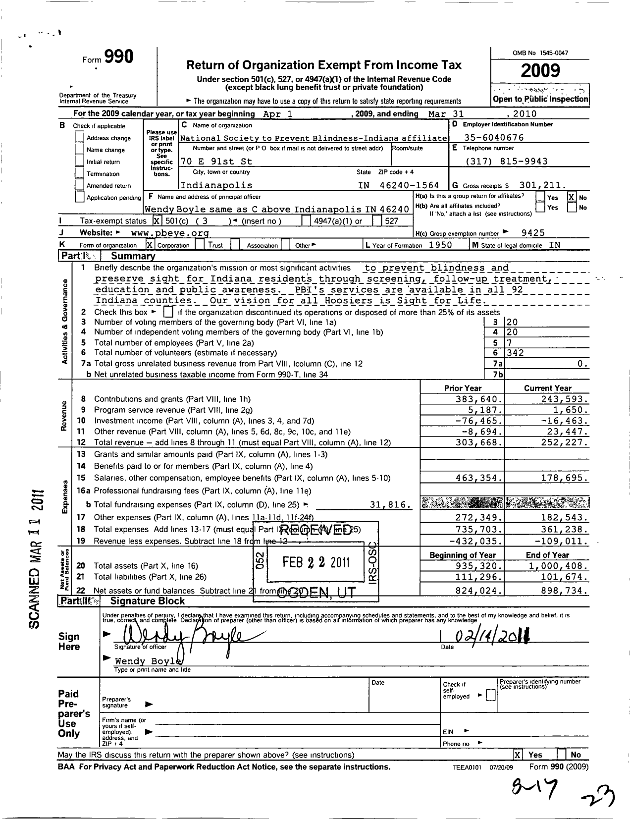 Image of first page of 2009 Form 990 for Saving Sight Indiana