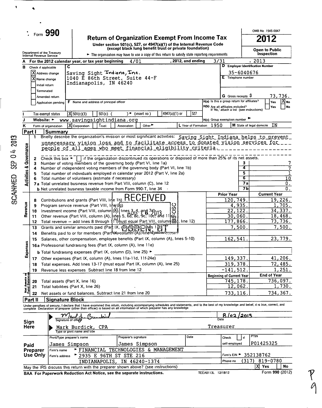 Image of first page of 2012 Form 990 for Saving Sight Indiana