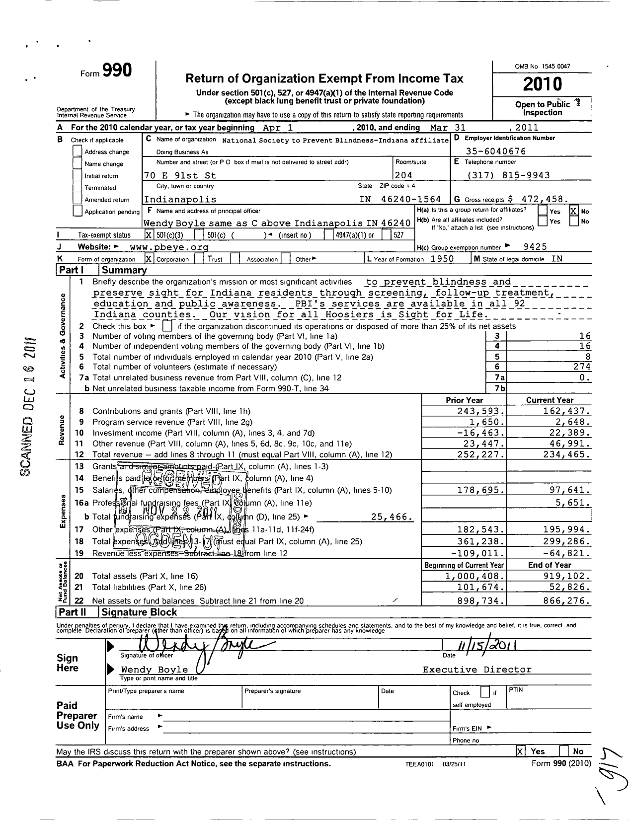 Image of first page of 2010 Form 990 for Saving Sight Indiana