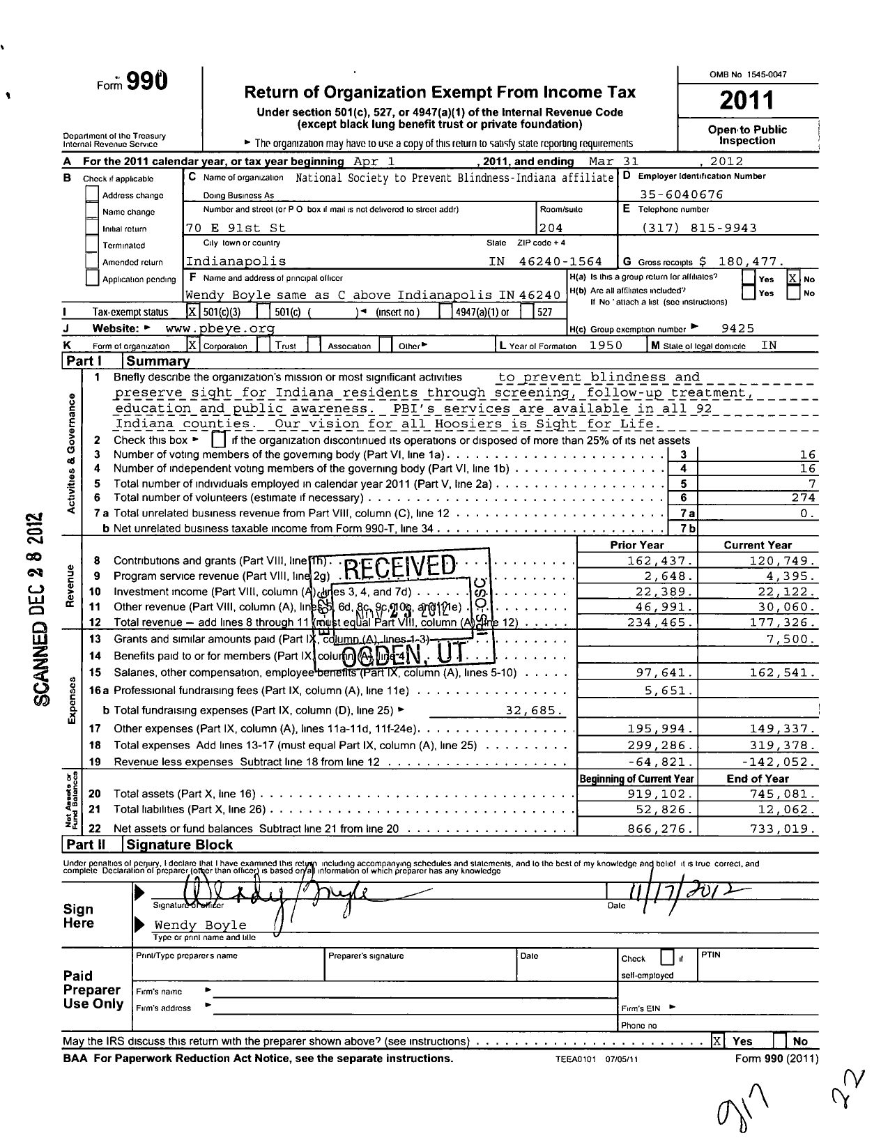 Image of first page of 2011 Form 990 for Saving Sight Indiana