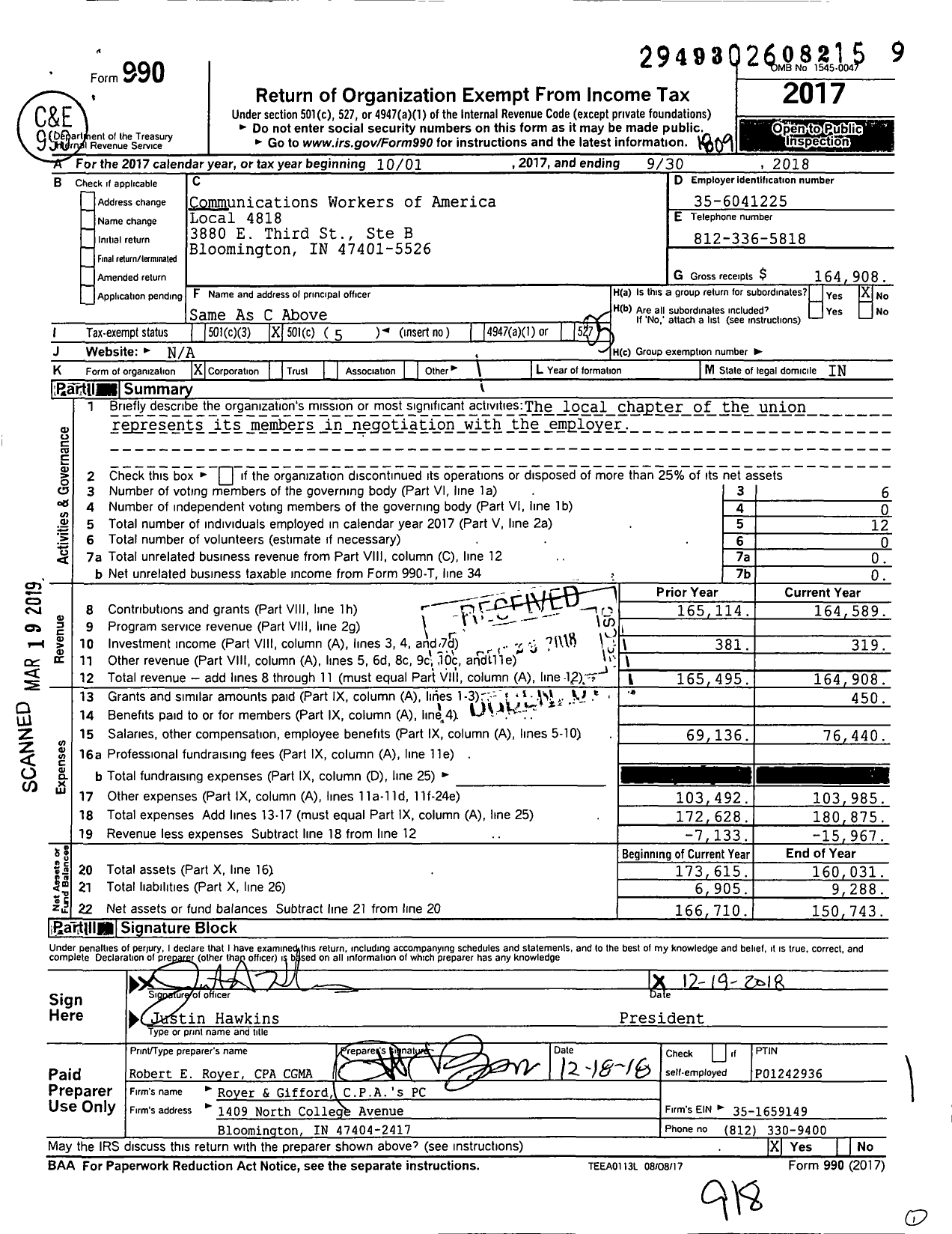 Image of first page of 2017 Form 990O for Communications Workers of America - 4818