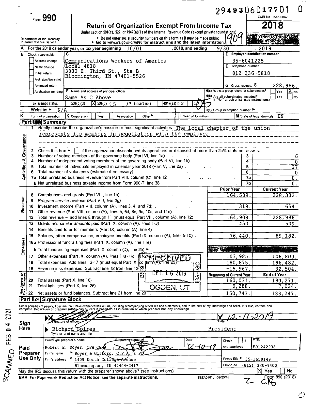 Image of first page of 2018 Form 990O for Communications Workers of America - 4818