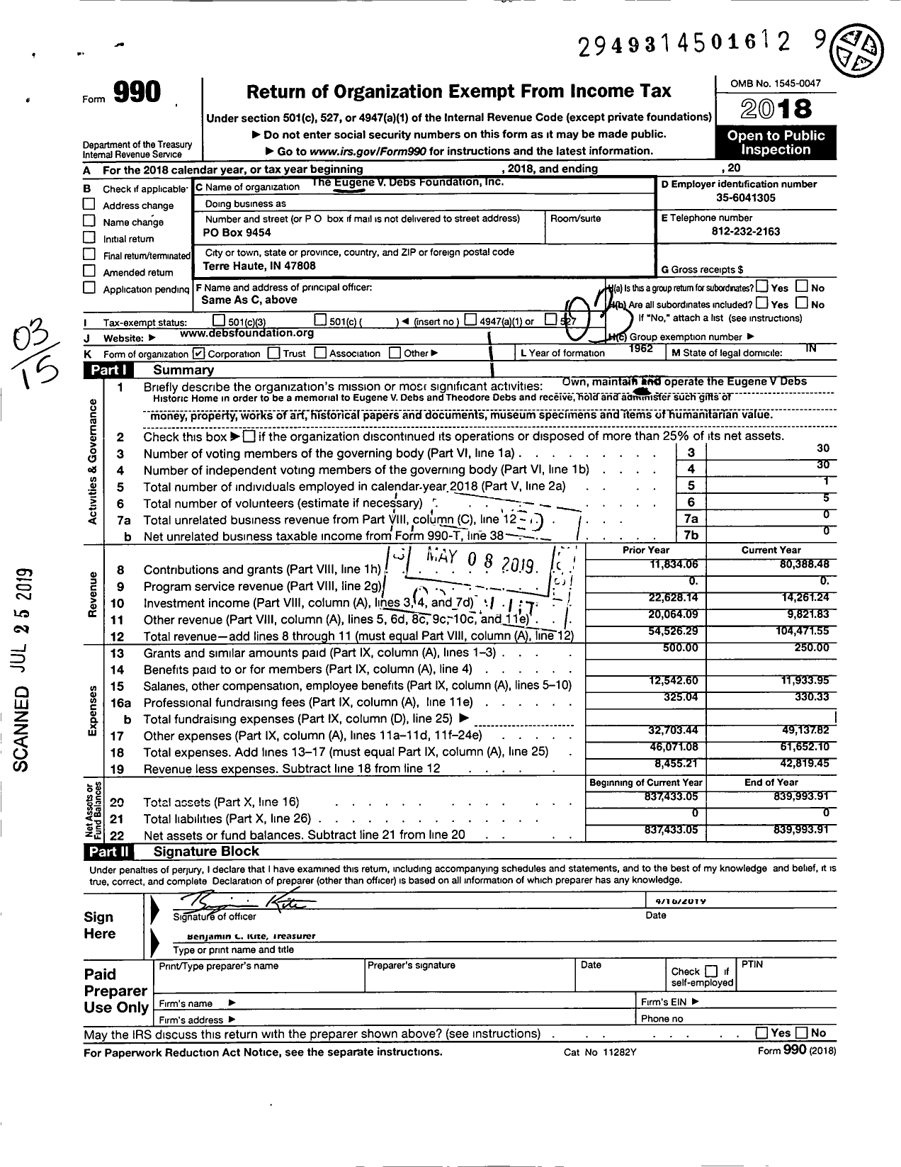 Image of first page of 2018 Form 990 for The Eugene V Debs Foundation