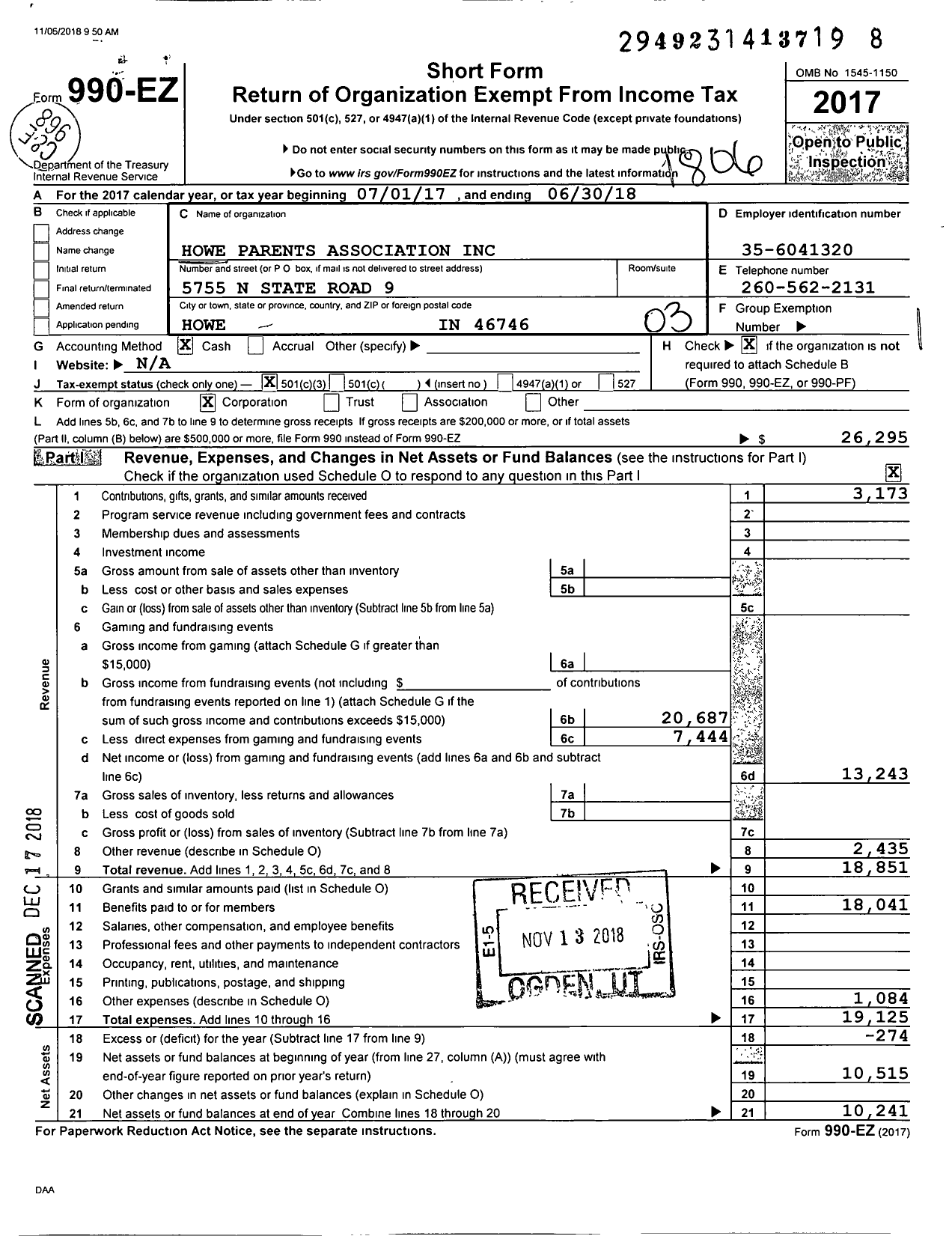 Image of first page of 2017 Form 990EZ for Howe Parents Association