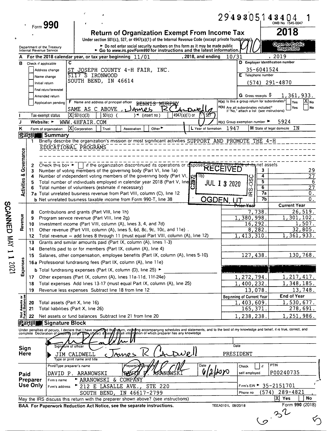 Image of first page of 2018 Form 990 for St Joseph County 4-H Fair