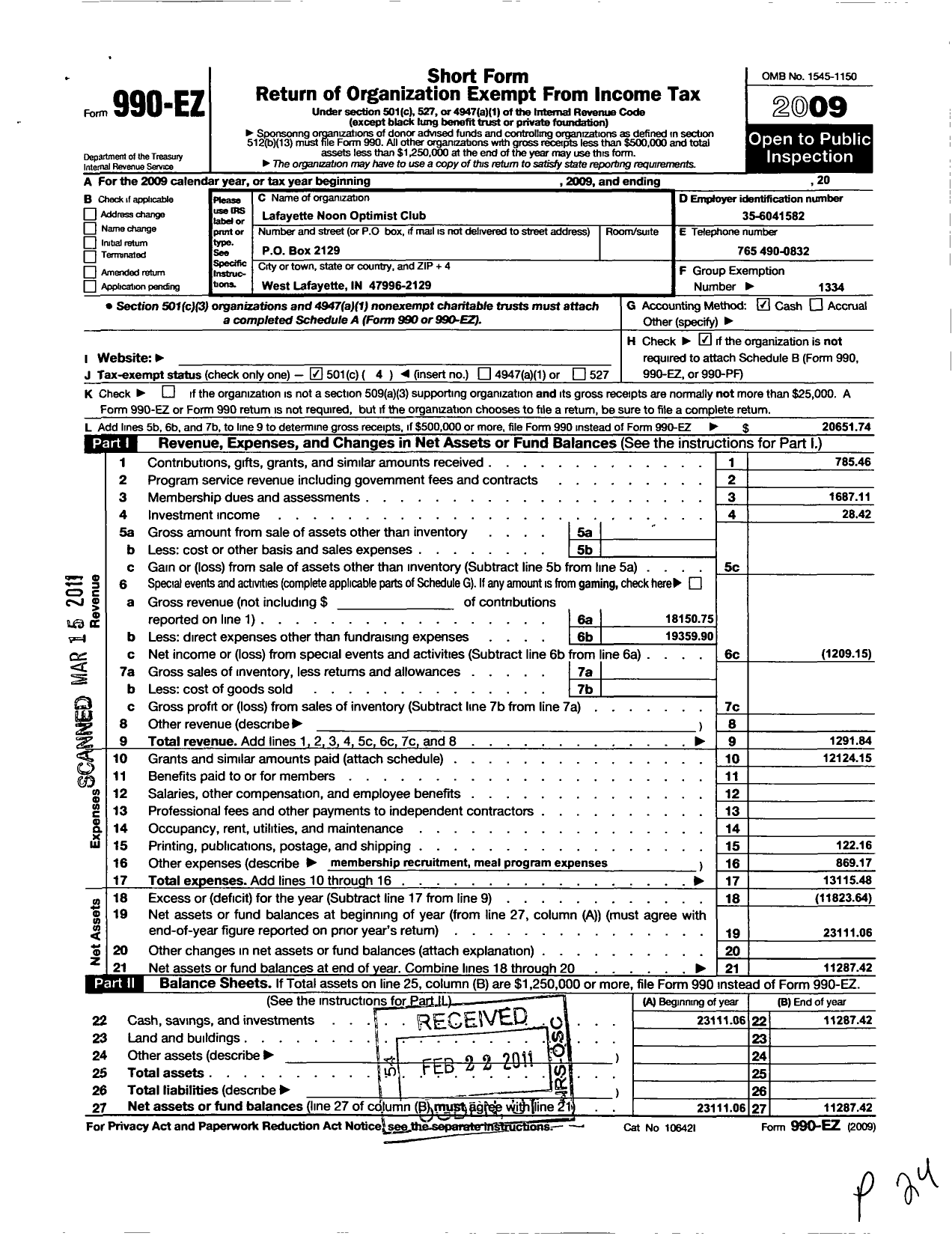 Image of first page of 2009 Form 990EO for Optimist International - 04310 O C of Lafayette in