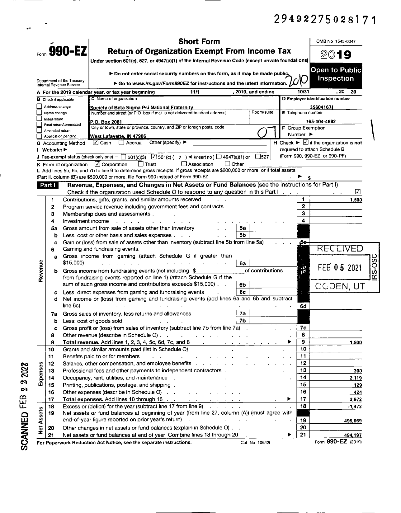 Image of first page of 2019 Form 990EO for Society of Beta Sigma Psi National Fraternity