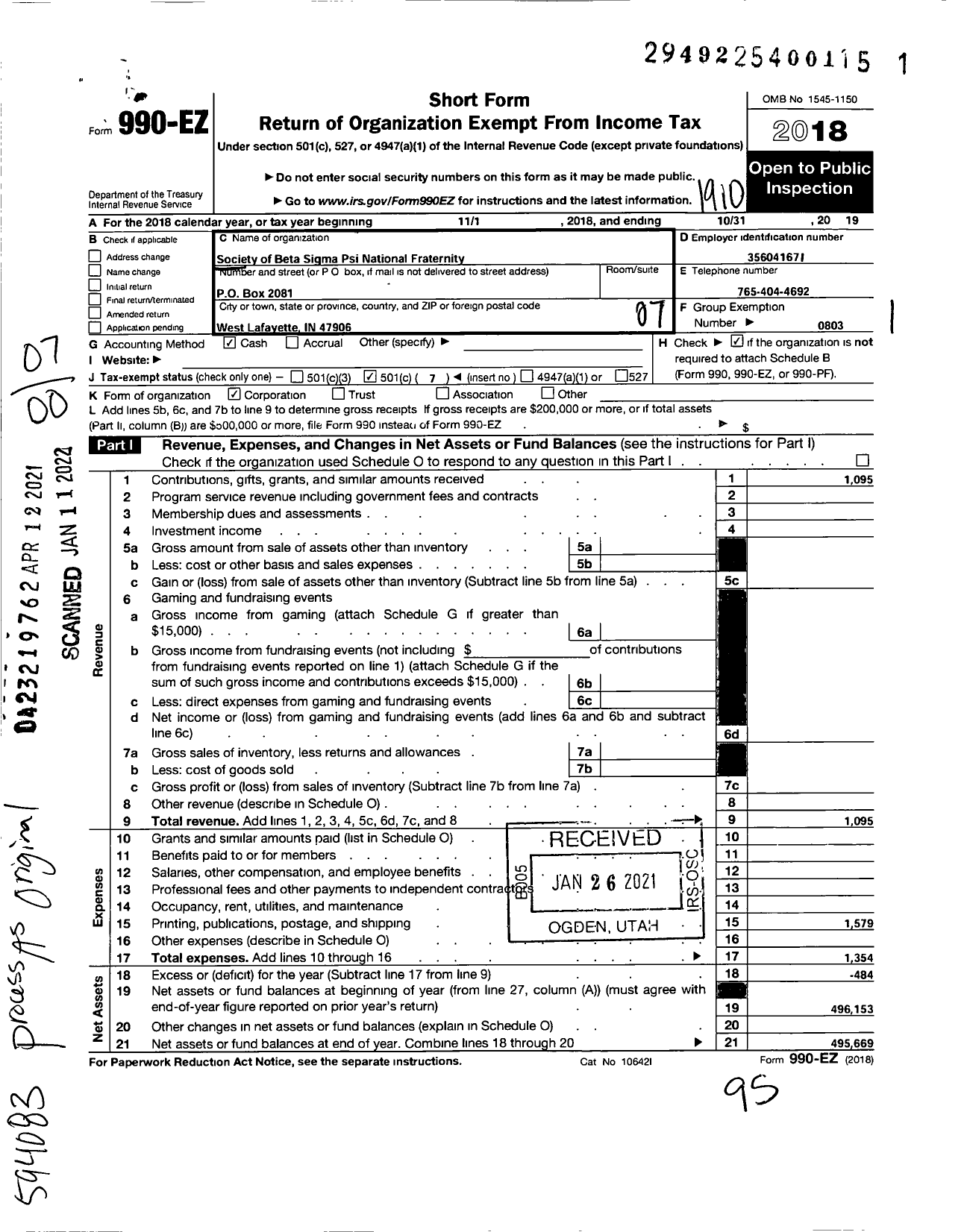 Image of first page of 2018 Form 990EO for Society of Beta Sigma Psi National Fraternity