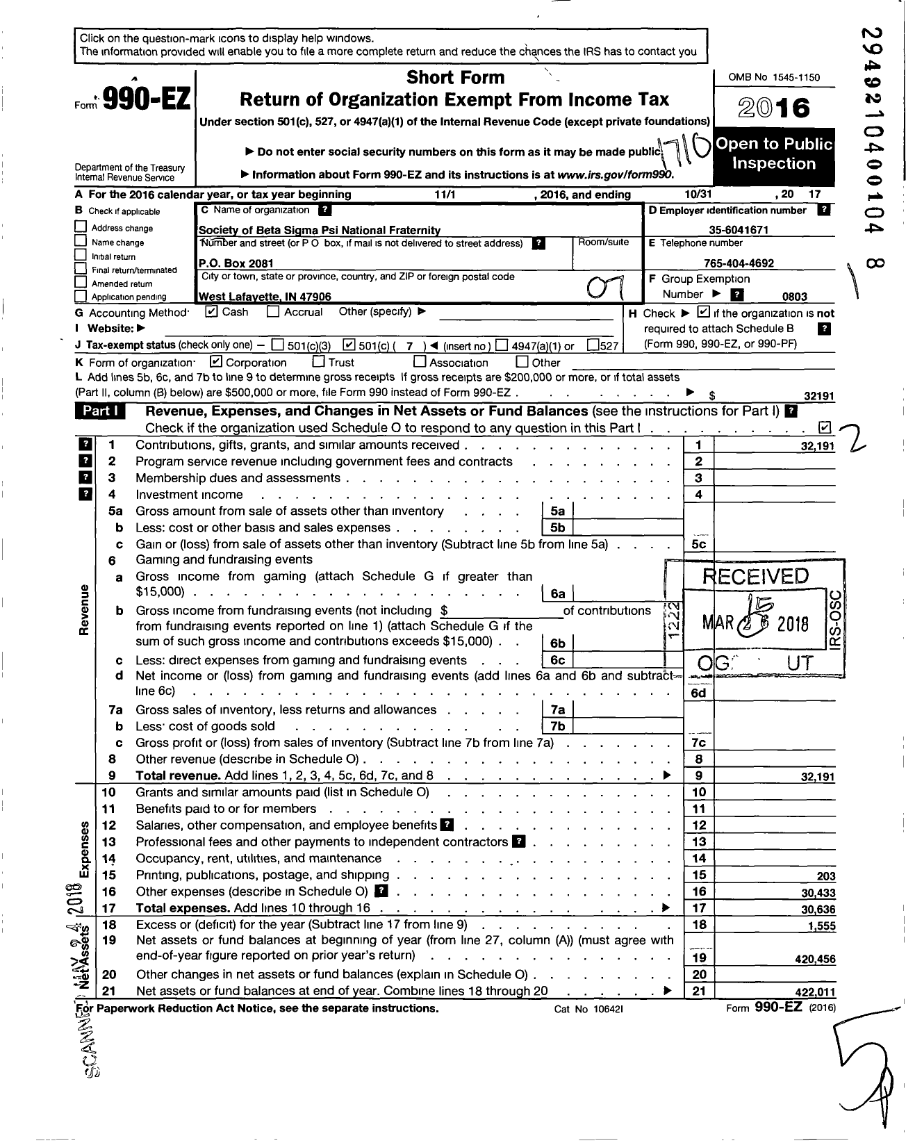 Image of first page of 2016 Form 990EO for Society of Beta Sigma Psi National Fraternity