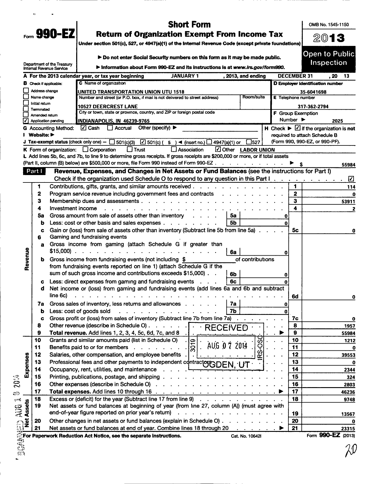 Image of first page of 2013 Form 990EO for Smart Union - 1518 TD