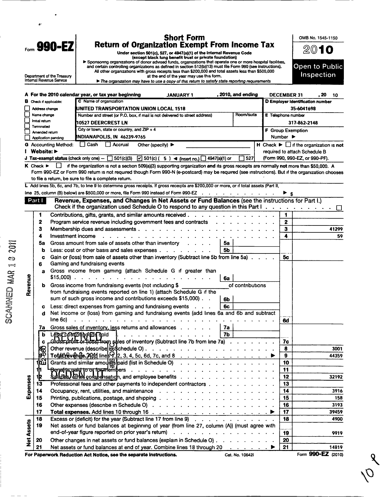 Image of first page of 2010 Form 990EO for Smart Union - 1518 TD