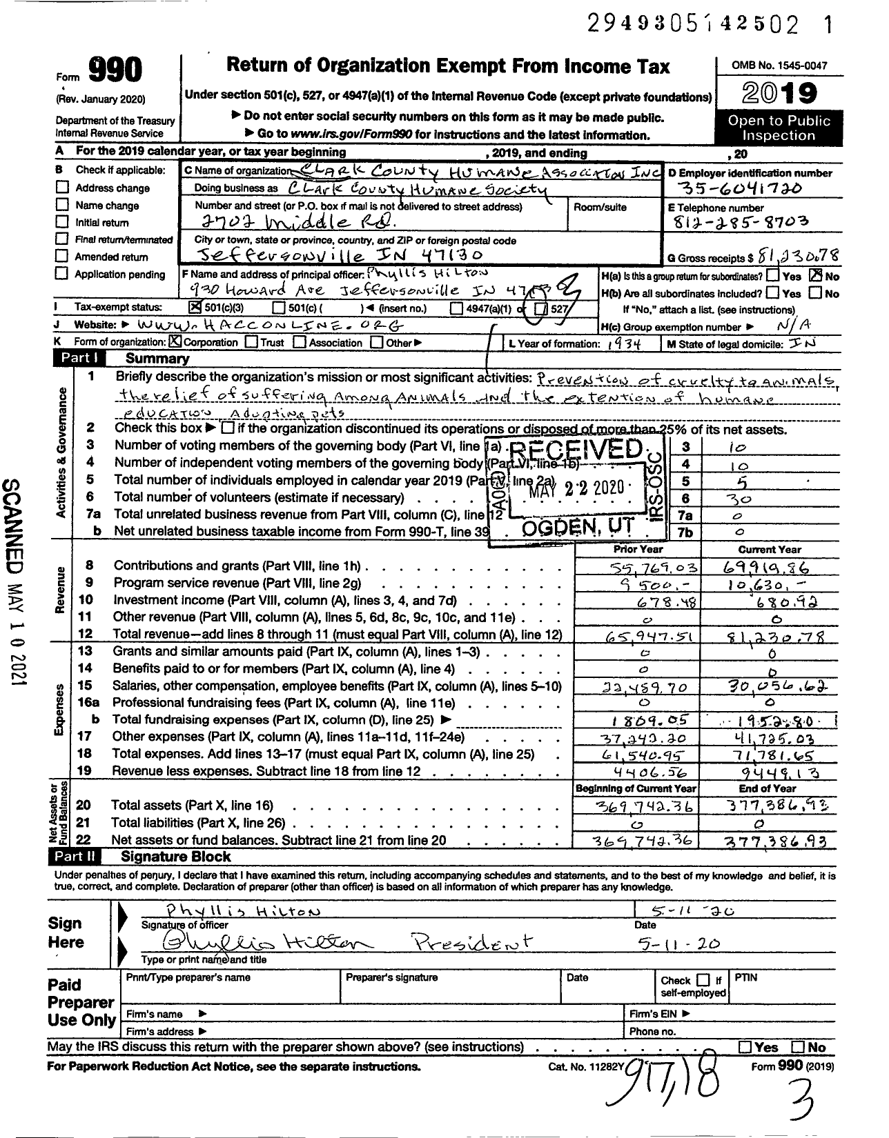 Image of first page of 2019 Form 990 for CLARK County HUMANE ASSOCIATION