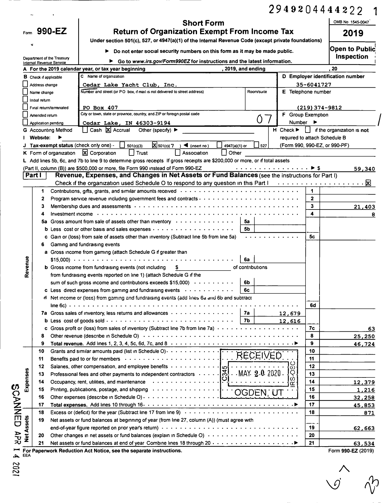 Image of first page of 2019 Form 990EO for Cedar Lake Yacht Club