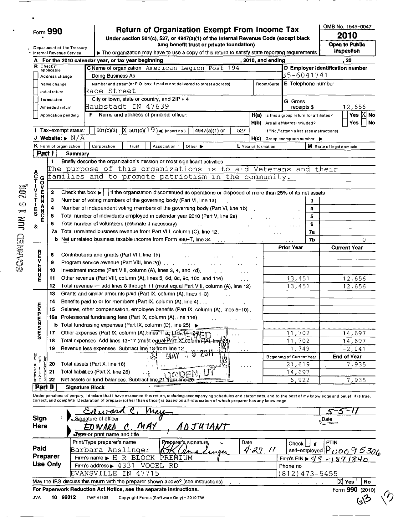 Image of first page of 2010 Form 990O for American Legion - 194