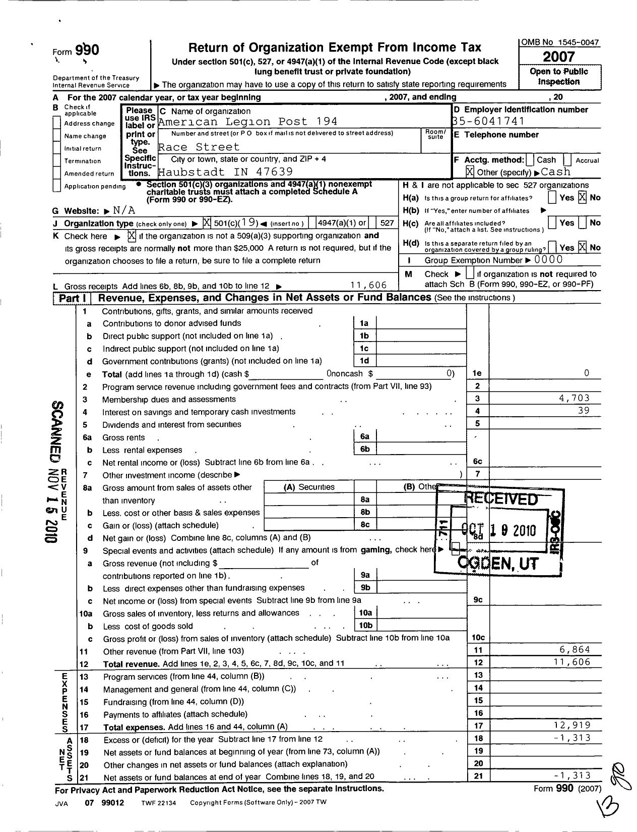 Image of first page of 2007 Form 990O for American Legion - 194