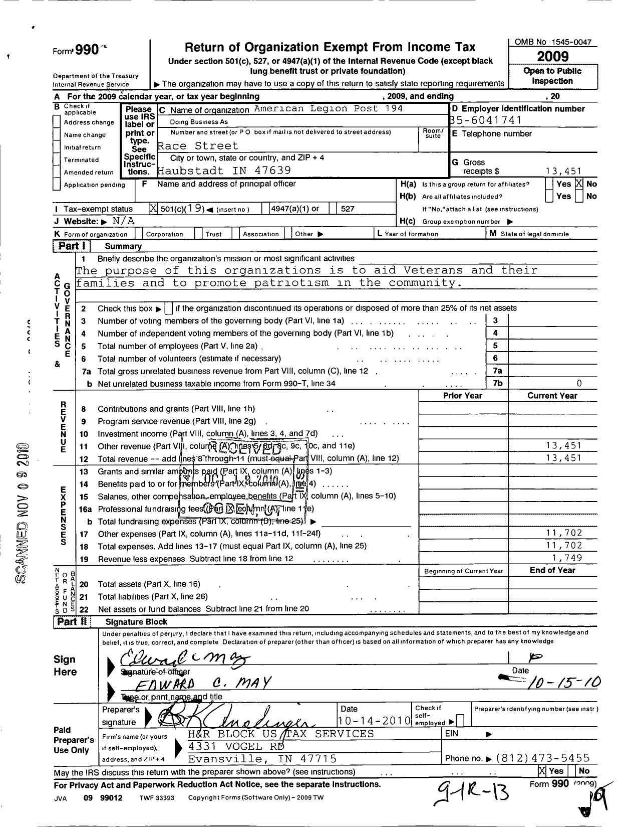 Image of first page of 2009 Form 990O for American Legion - 194