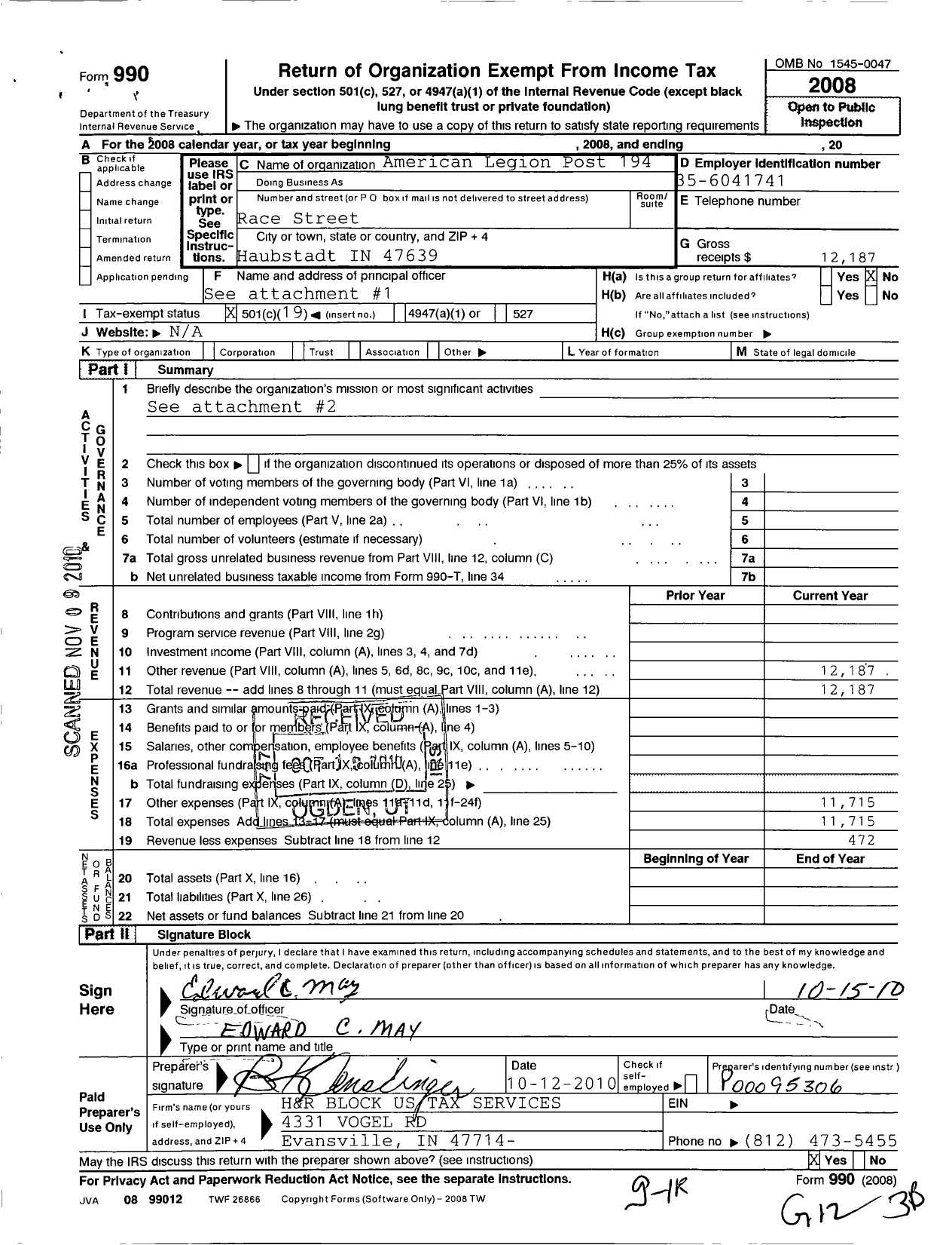 Image of first page of 2008 Form 990O for American Legion - 194